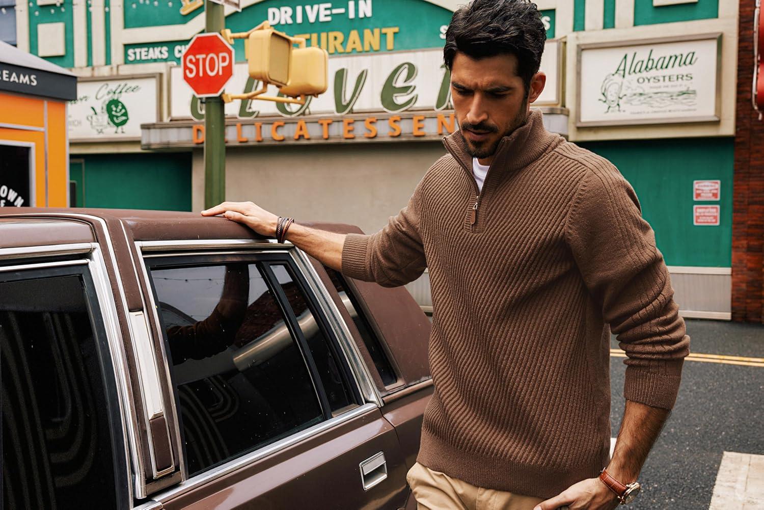 imagePJ PAUL JONES Mens Quarter Zip Pullover Sweaters Casual Slim Fit Knit Texture SweaterCoffee