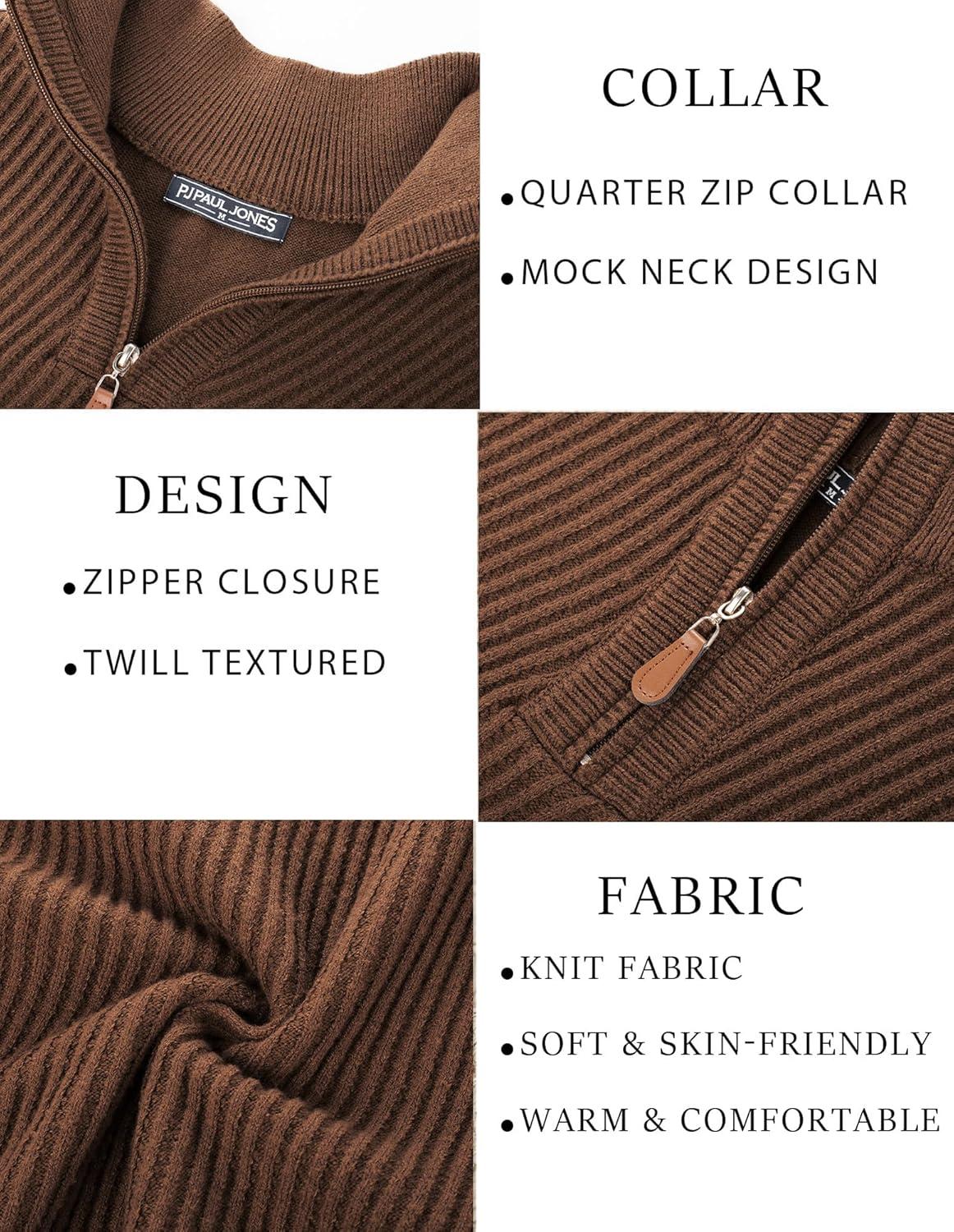 imagePJ PAUL JONES Mens Quarter Zip Pullover Sweaters Casual Slim Fit Knit Texture SweaterCoffee