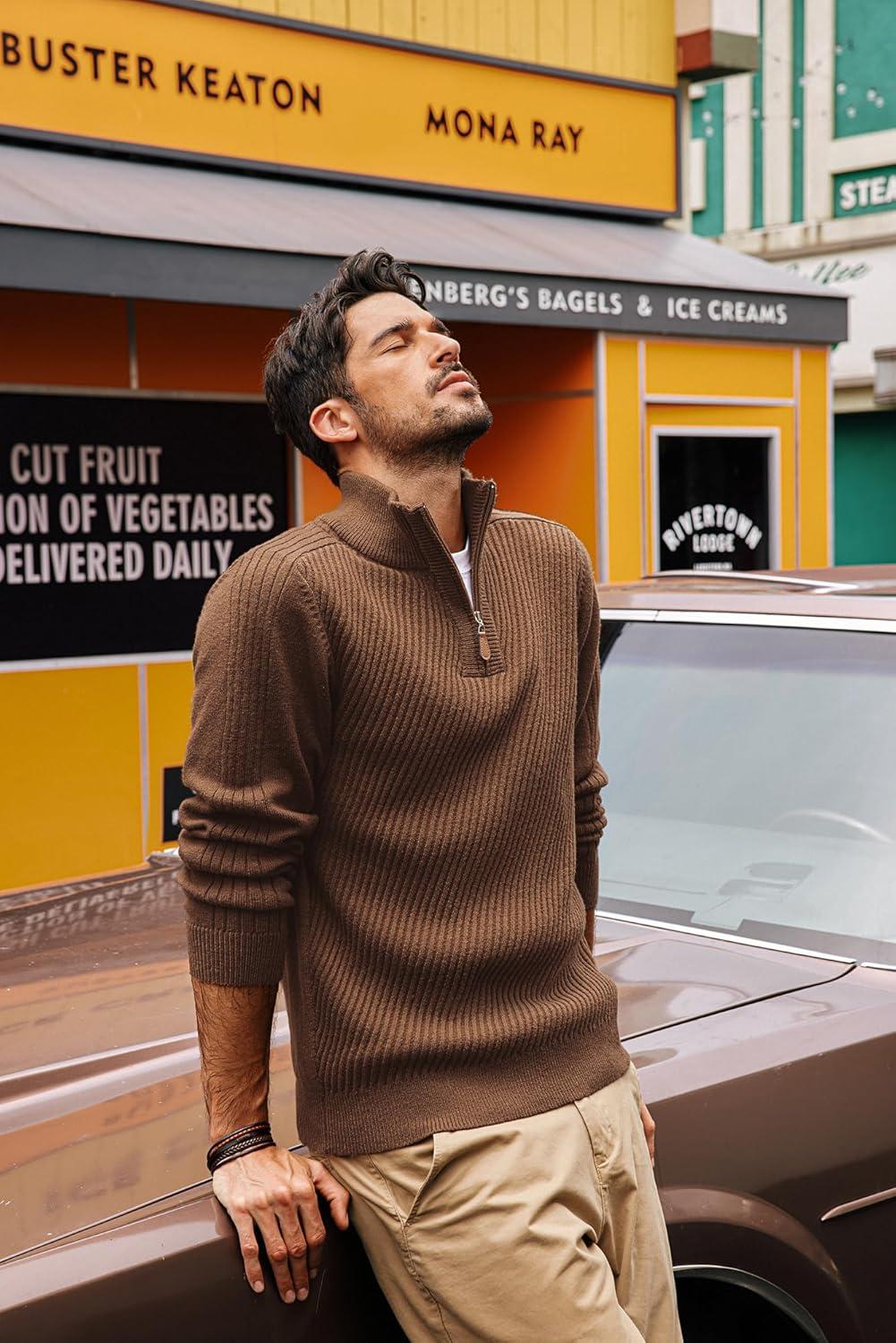 imagePJ PAUL JONES Mens Quarter Zip Pullover Sweaters Casual Slim Fit Knit Texture SweaterCoffee