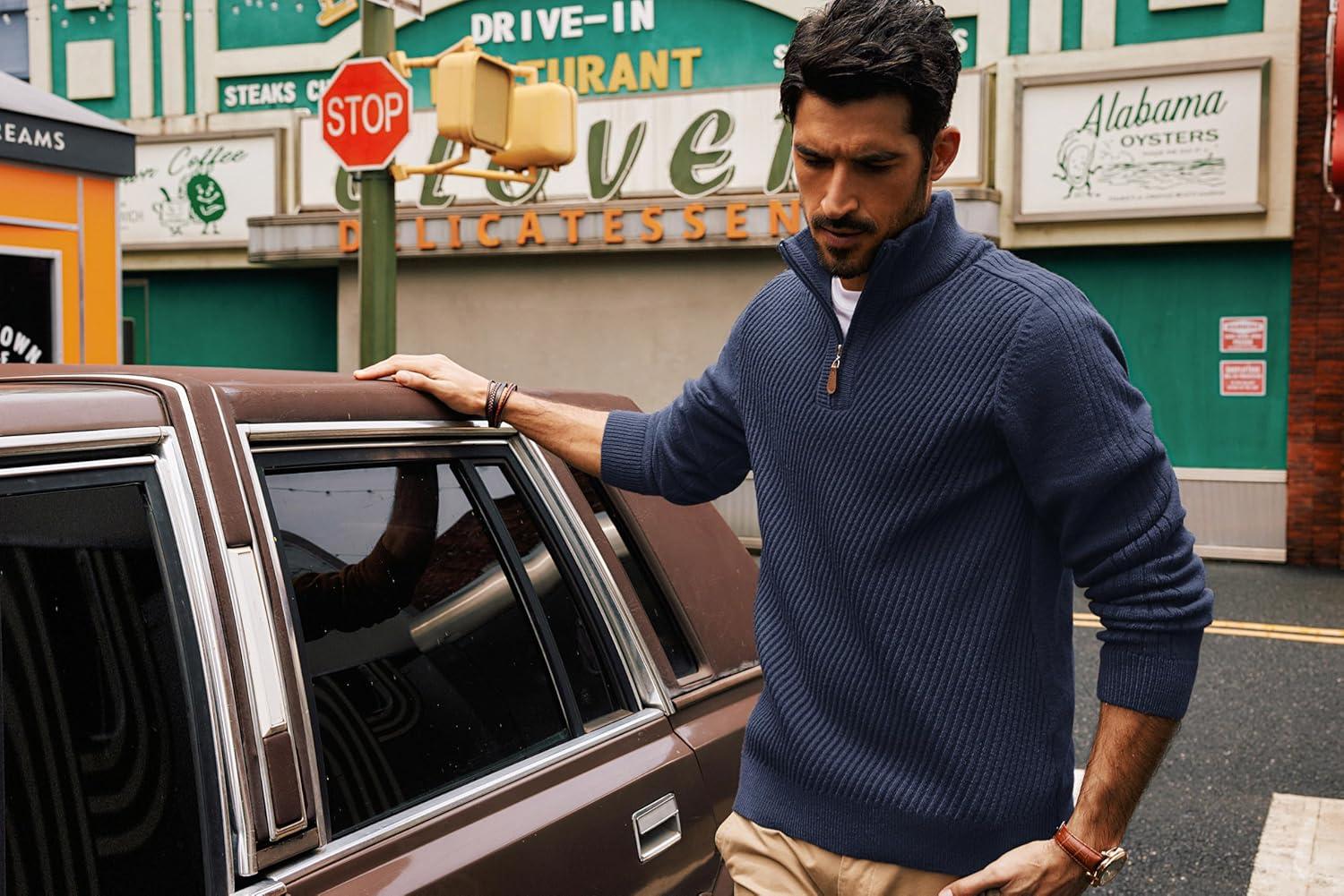 imagePJ PAUL JONES Mens Quarter Zip Pullover Sweaters Casual Slim Fit Knit Texture SweaterDark Blue