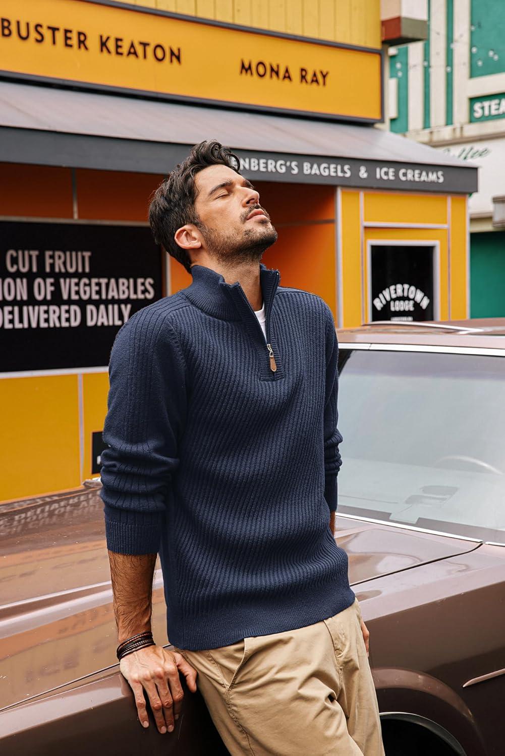 imagePJ PAUL JONES Mens Quarter Zip Pullover Sweaters Casual Slim Fit Knit Texture SweaterDark Blue