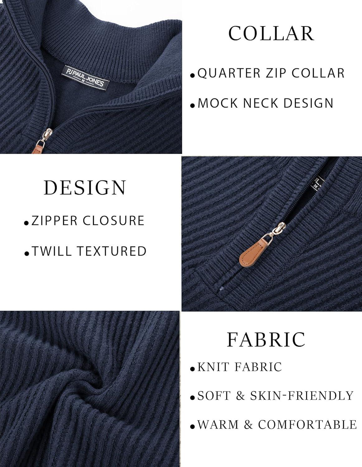 imagePJ PAUL JONES Mens Quarter Zip Pullover Sweaters Casual Slim Fit Knit Texture SweaterDark Blue
