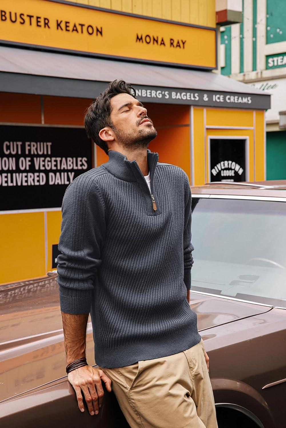 imagePJ PAUL JONES Mens Quarter Zip Pullover Sweaters Casual Slim Fit Knit Texture SweaterDark Grey