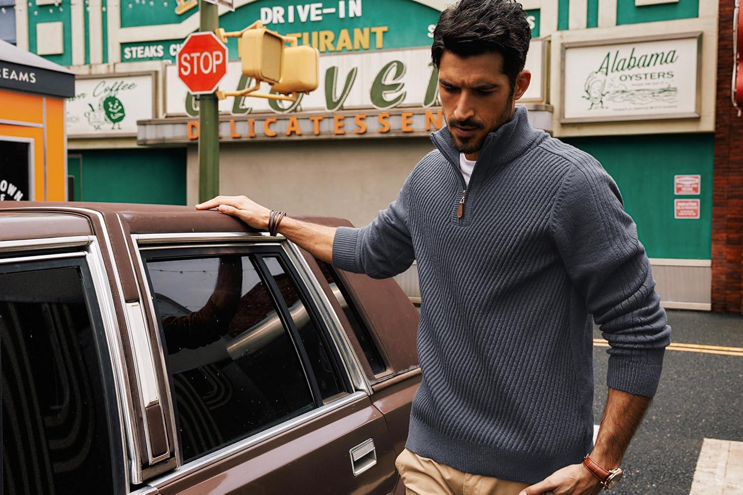 imagePJ PAUL JONES Mens Quarter Zip Pullover Sweaters Casual Slim Fit Knit Texture SweaterDark Grey