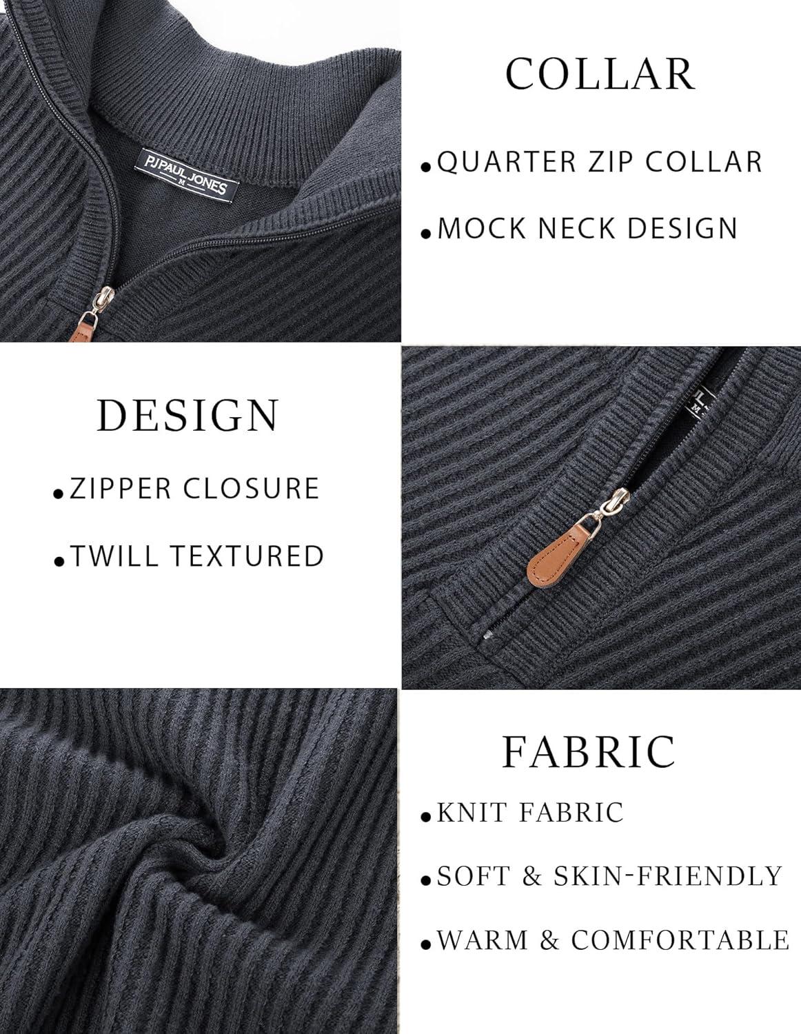 imagePJ PAUL JONES Mens Quarter Zip Pullover Sweaters Casual Slim Fit Knit Texture SweaterDark Grey