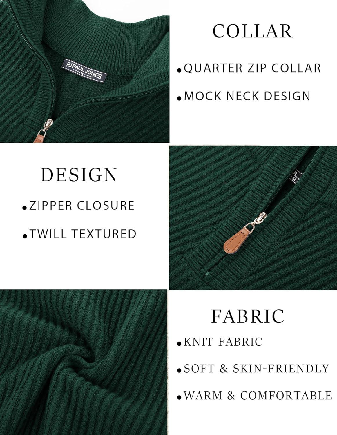 imagePJ PAUL JONES Mens Quarter Zip Pullover Sweaters Casual Slim Fit Knit Texture SweaterDgreen