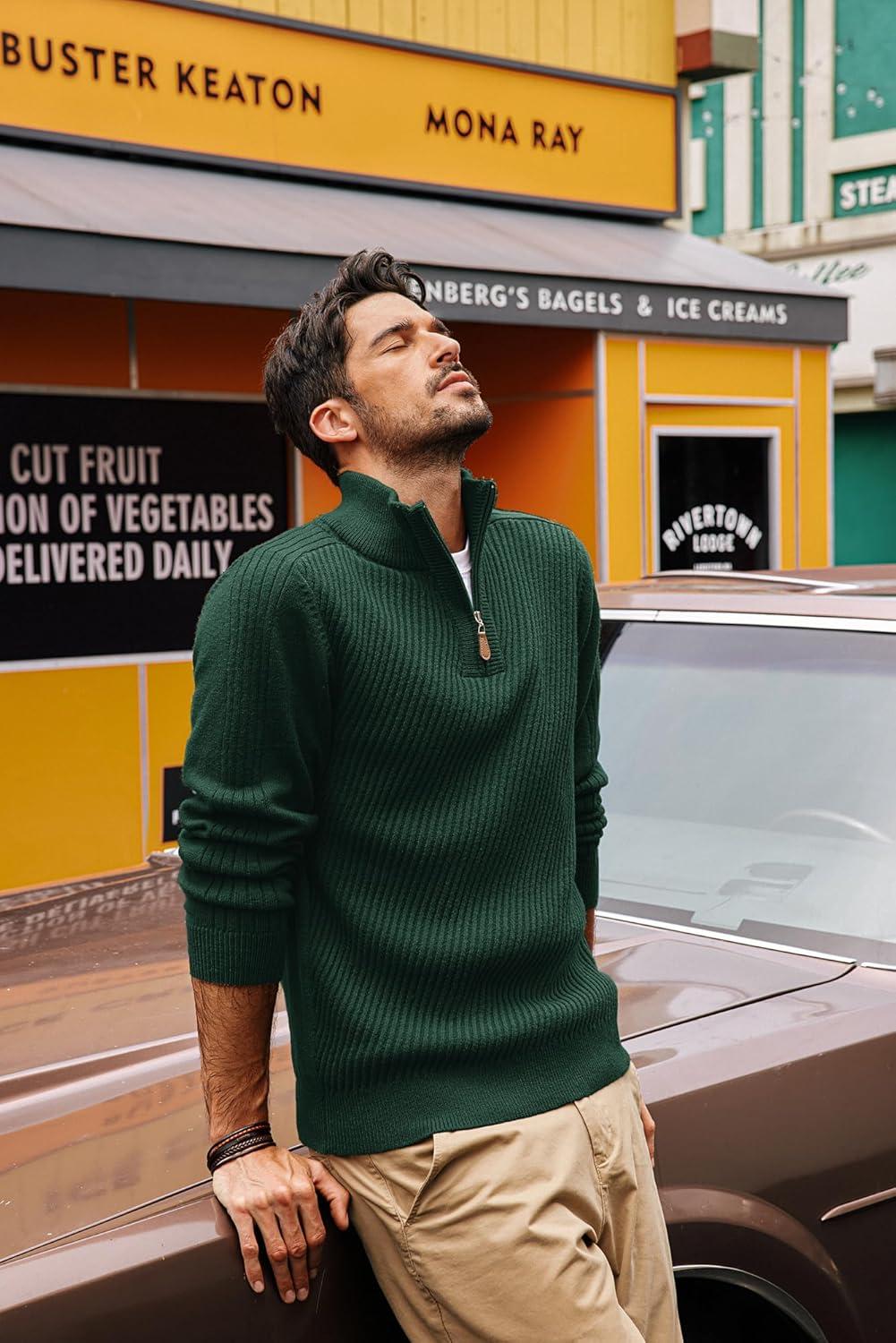 imagePJ PAUL JONES Mens Quarter Zip Pullover Sweaters Casual Slim Fit Knit Texture SweaterDgreen