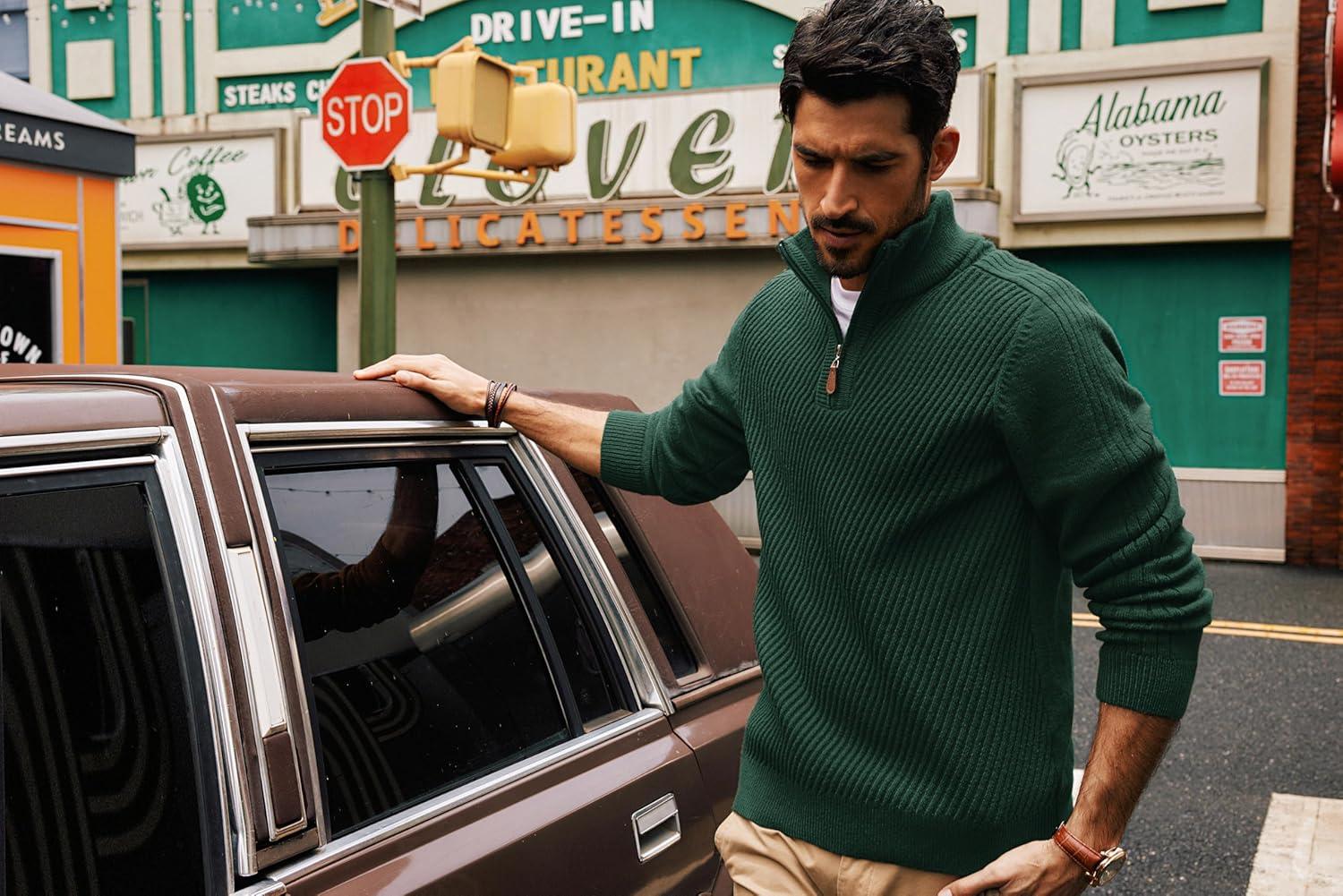 imagePJ PAUL JONES Mens Quarter Zip Pullover Sweaters Casual Slim Fit Knit Texture SweaterDgreen