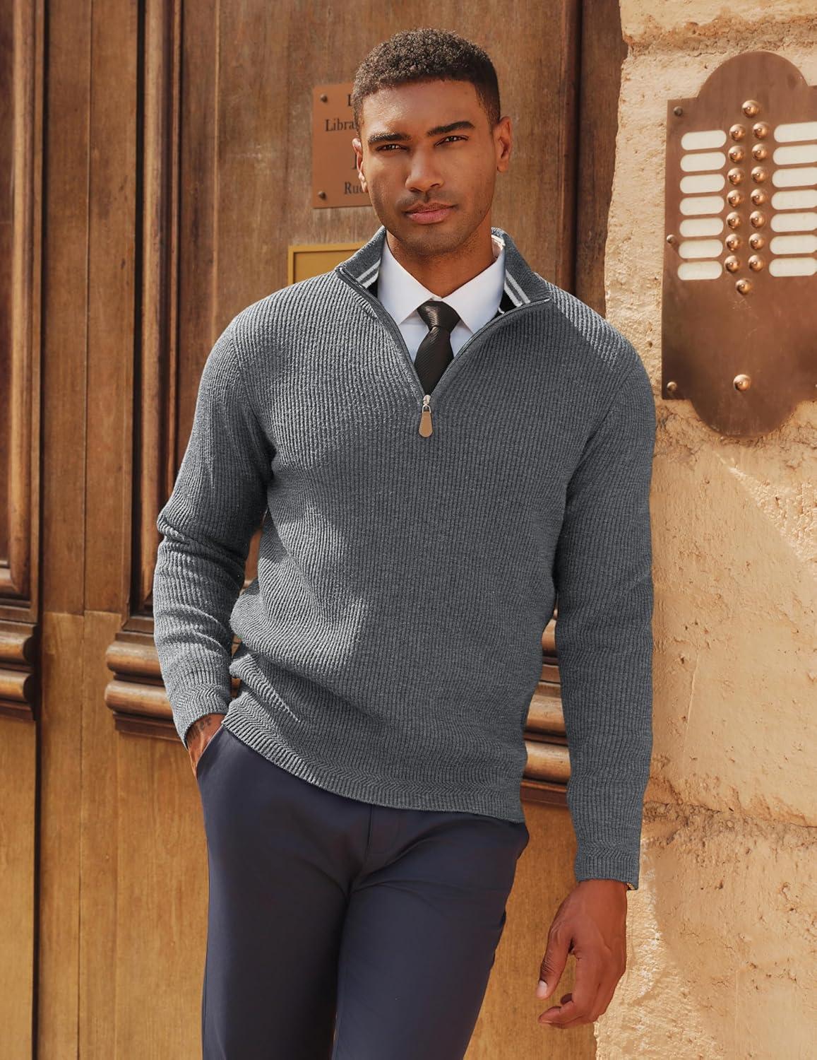 imagePJ PAUL JONES Mens Quarter Zip Pullover Sweaters Casual Slim Fit Knit Texture SweaterGray