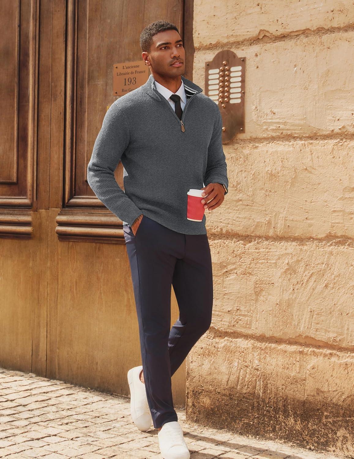 imagePJ PAUL JONES Mens Quarter Zip Pullover Sweaters Casual Slim Fit Knit Texture SweaterGray