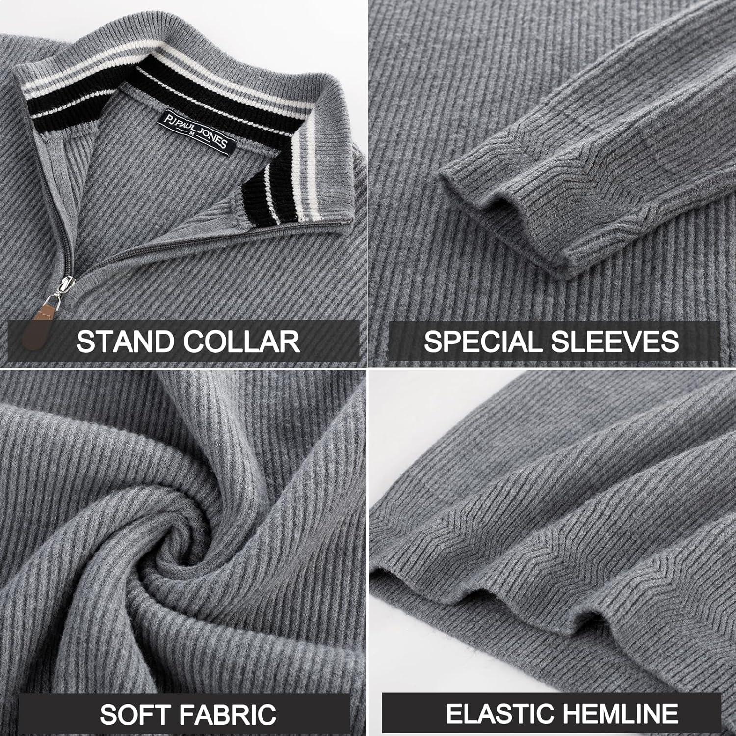 imagePJ PAUL JONES Mens Quarter Zip Pullover Sweaters Casual Slim Fit Knit Texture SweaterGray