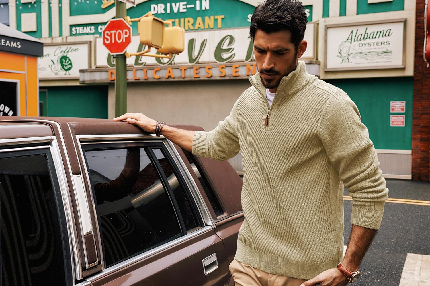 imagePJ PAUL JONES Mens Quarter Zip Pullover Sweaters Casual Slim Fit Knit Texture SweaterKhaki