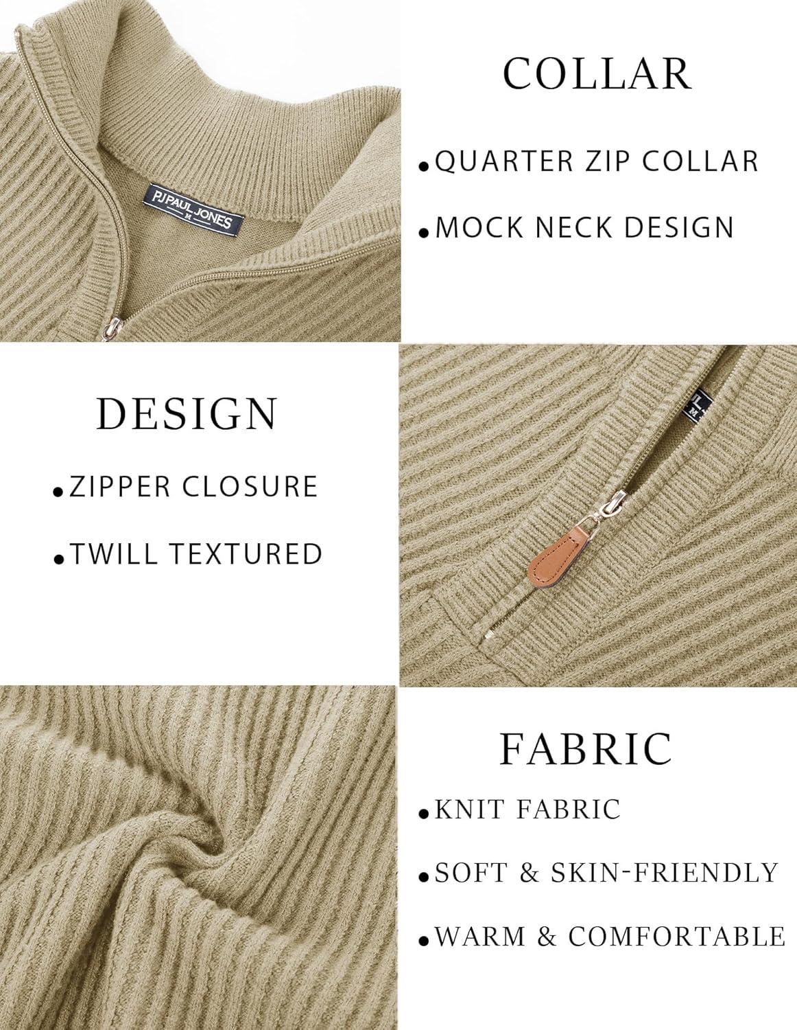 imagePJ PAUL JONES Mens Quarter Zip Pullover Sweaters Casual Slim Fit Knit Texture SweaterKhaki