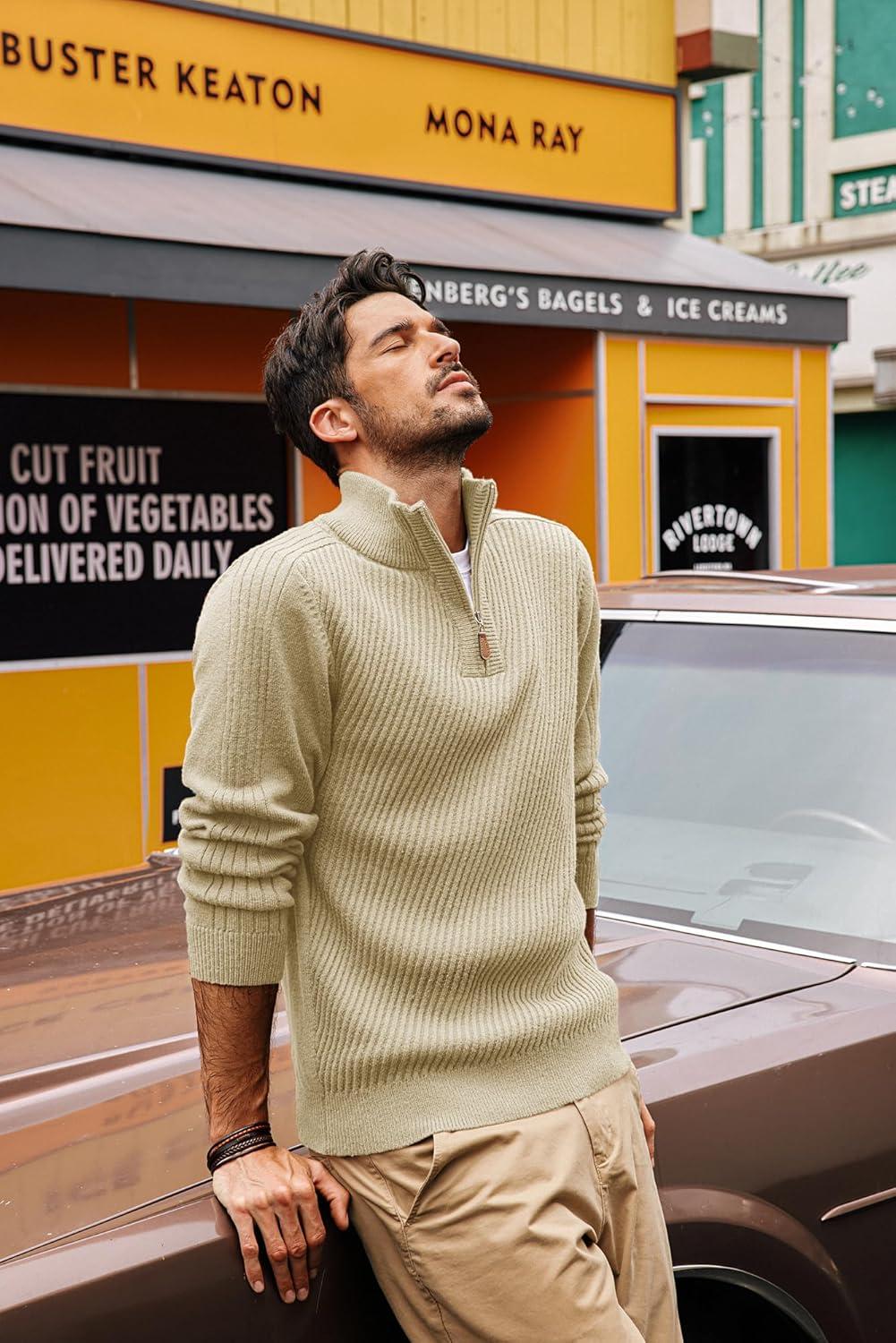 imagePJ PAUL JONES Mens Quarter Zip Pullover Sweaters Casual Slim Fit Knit Texture SweaterKhaki