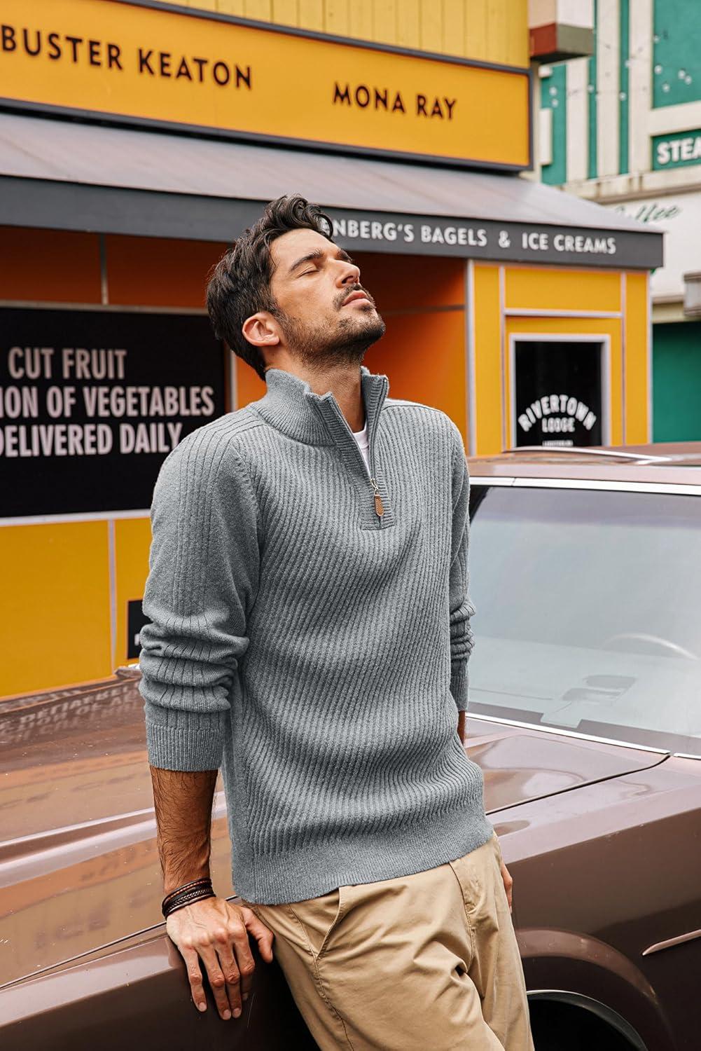 imagePJ PAUL JONES Mens Quarter Zip Pullover Sweaters Casual Slim Fit Knit Texture SweaterLight Gray