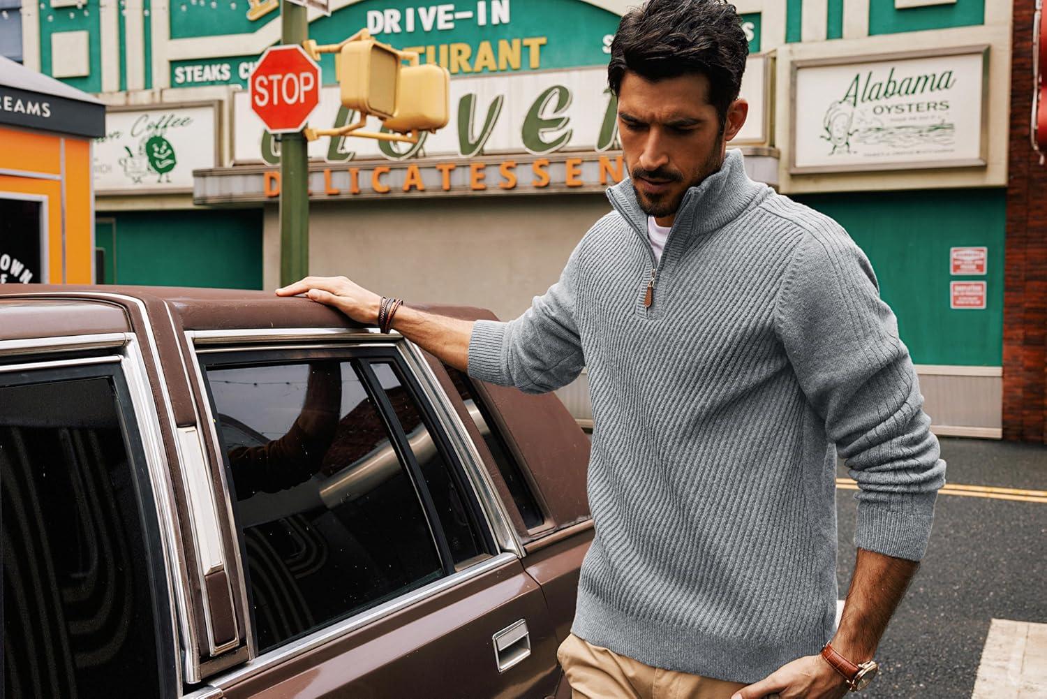 imagePJ PAUL JONES Mens Quarter Zip Pullover Sweaters Casual Slim Fit Knit Texture SweaterLight Gray