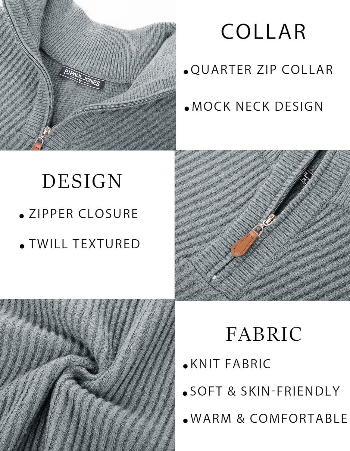 imagePJ PAUL JONES Mens Quarter Zip Pullover Sweaters Casual Slim Fit Knit Texture SweaterLight Gray