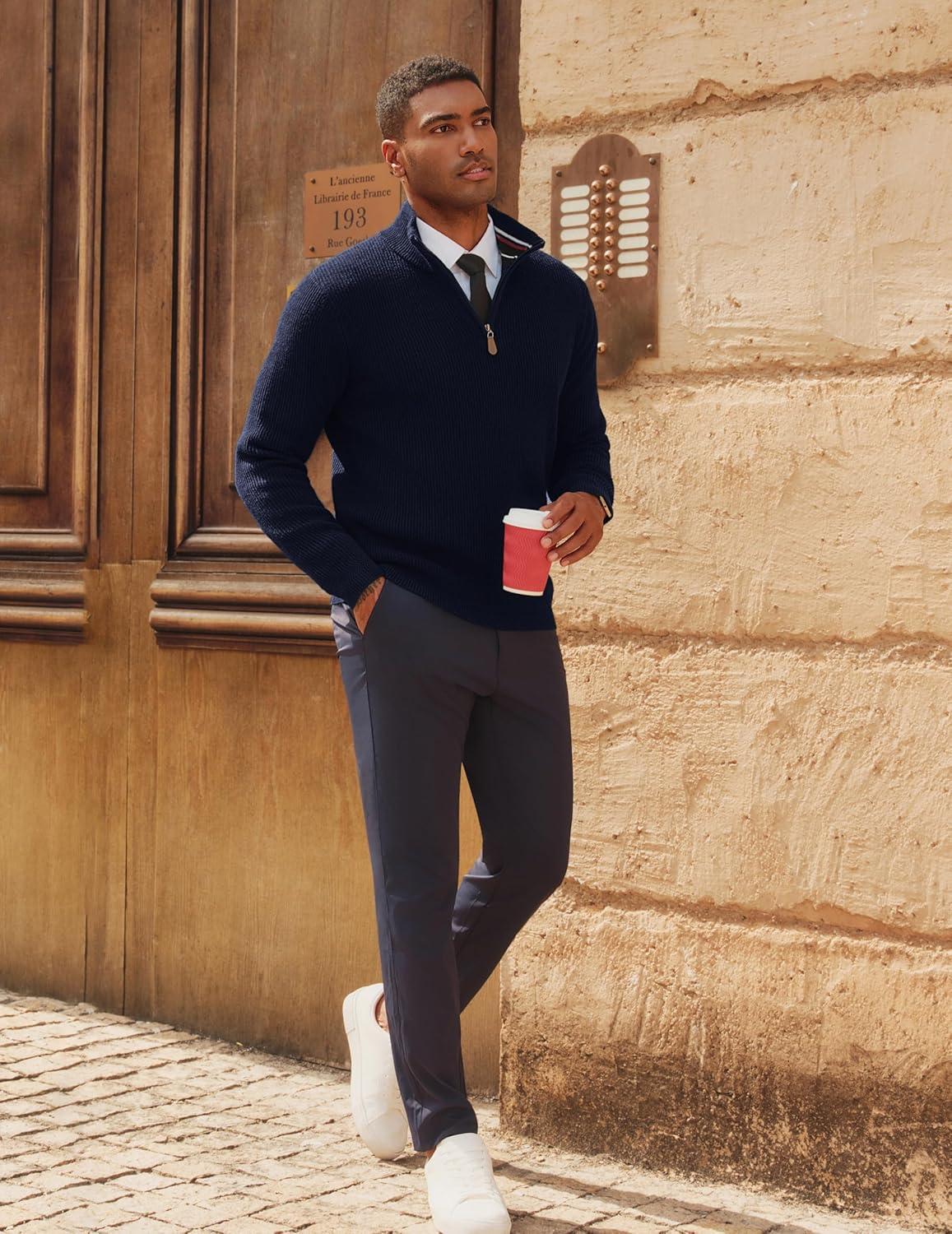 imagePJ PAUL JONES Mens Quarter Zip Pullover Sweaters Casual Slim Fit Knit Texture SweaterNavy Blue