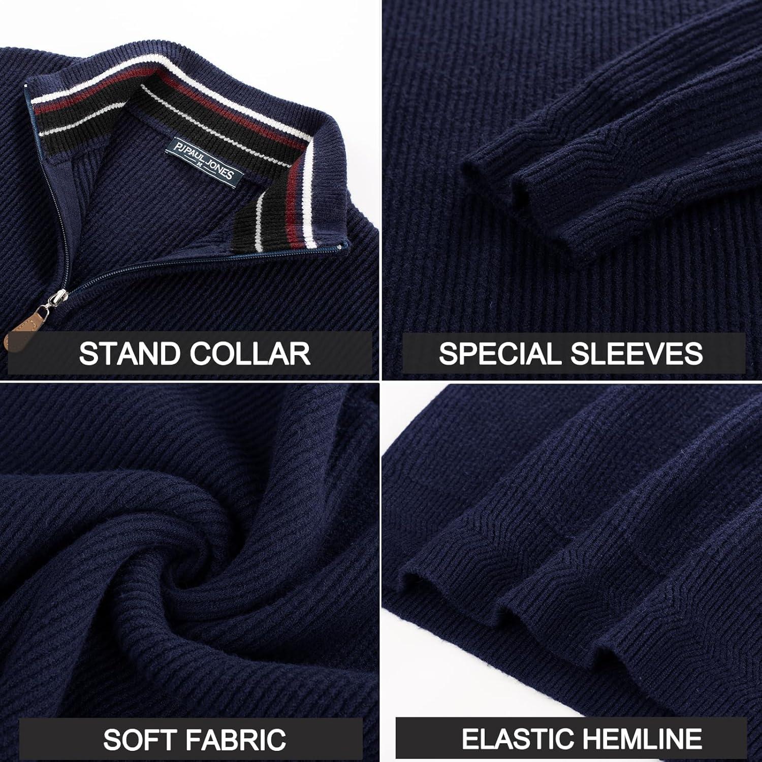 imagePJ PAUL JONES Mens Quarter Zip Pullover Sweaters Casual Slim Fit Knit Texture SweaterNavy Blue