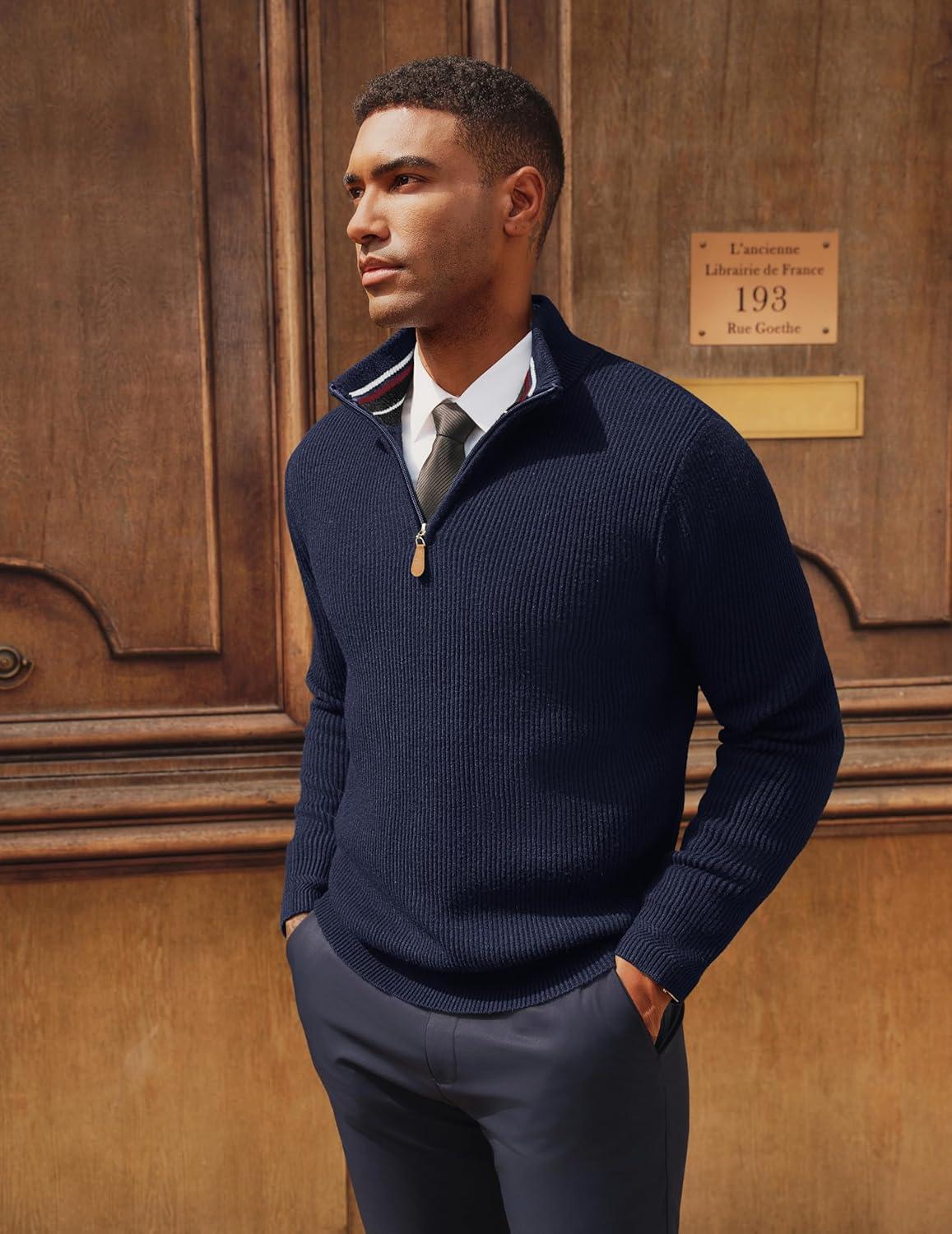 imagePJ PAUL JONES Mens Quarter Zip Pullover Sweaters Casual Slim Fit Knit Texture SweaterNavy Blue