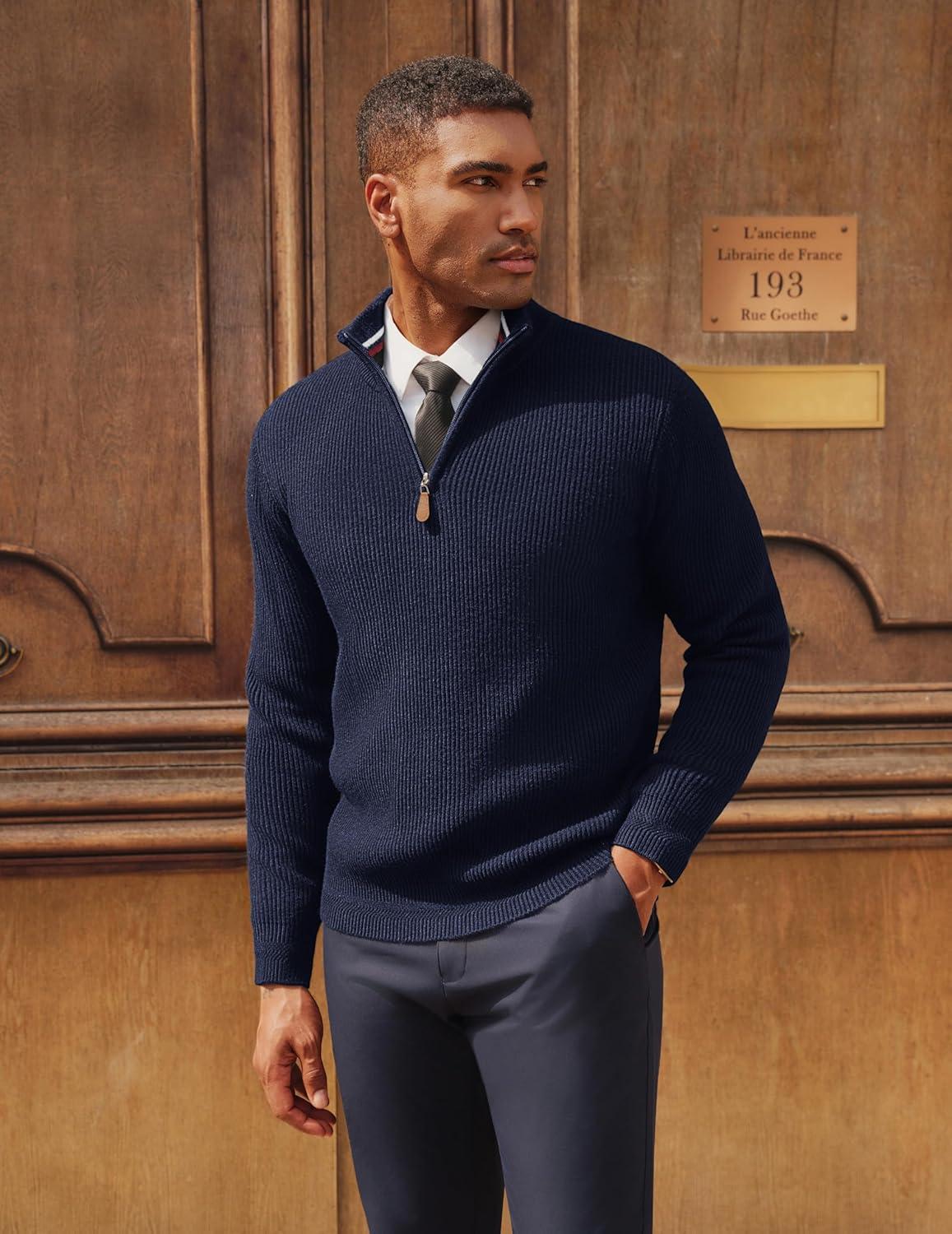 imagePJ PAUL JONES Mens Quarter Zip Pullover Sweaters Casual Slim Fit Knit Texture SweaterNavy Blue