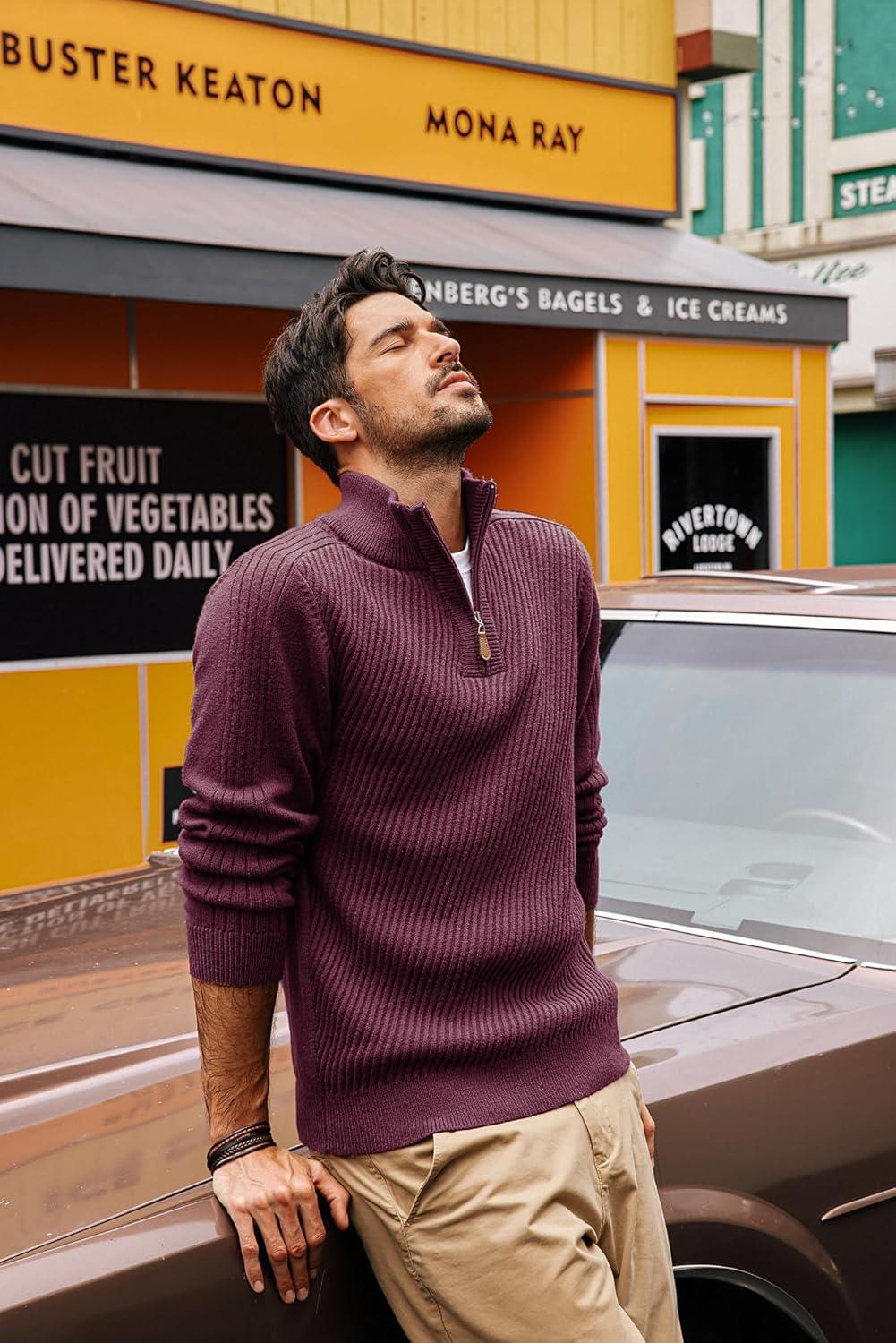 imagePJ PAUL JONES Mens Quarter Zip Pullover Sweaters Casual Slim Fit Knit Texture SweaterWine Red