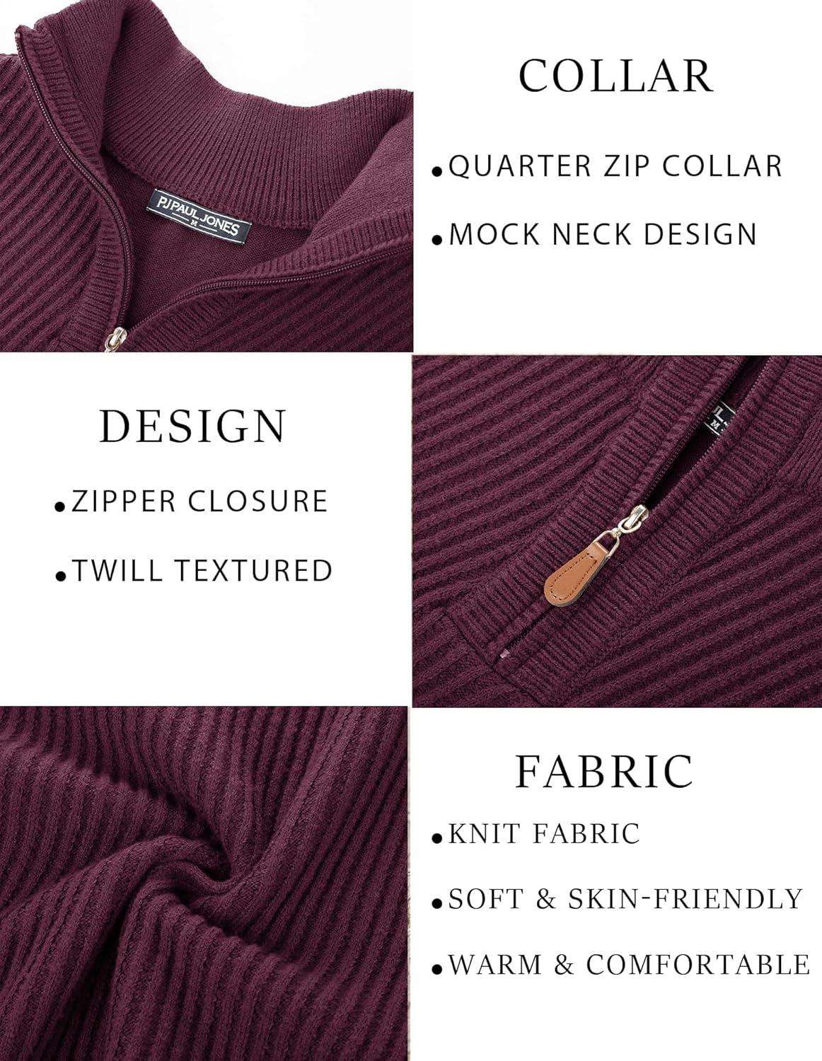 imagePJ PAUL JONES Mens Quarter Zip Pullover Sweaters Casual Slim Fit Knit Texture SweaterWine Red