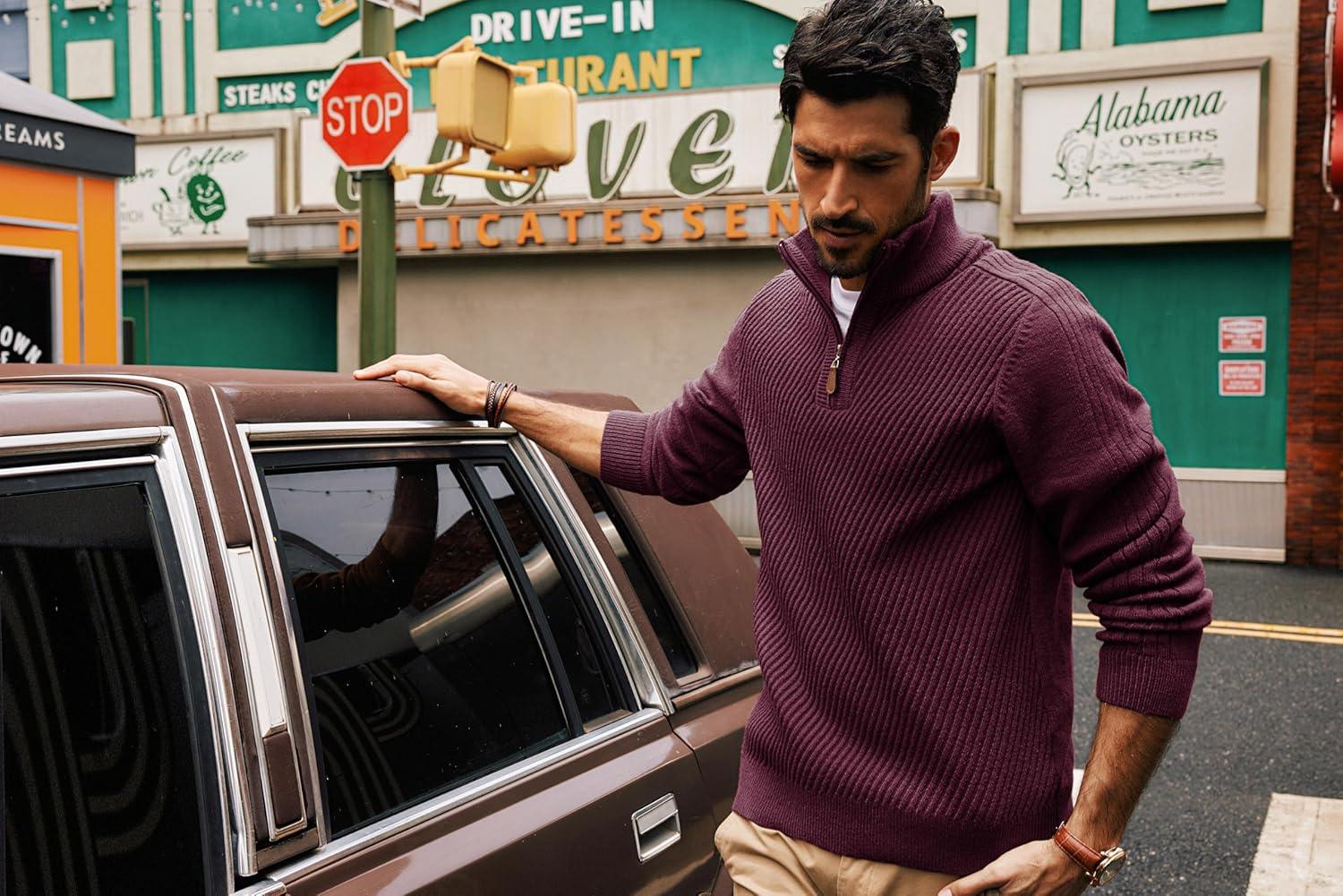 imagePJ PAUL JONES Mens Quarter Zip Pullover Sweaters Casual Slim Fit Knit Texture SweaterWine Red