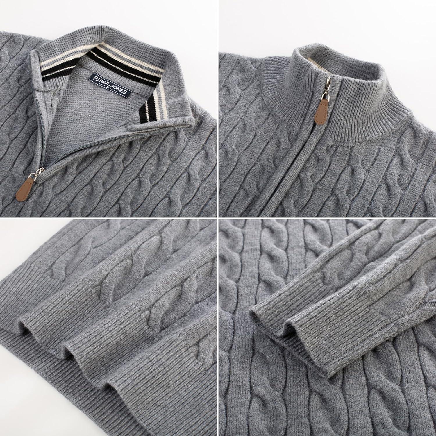 imagePJ PAUL JONES Mens Quarter Zip Sweater Cable Knitted Pullover Sweaters Textured Solid Colors SweaterGray