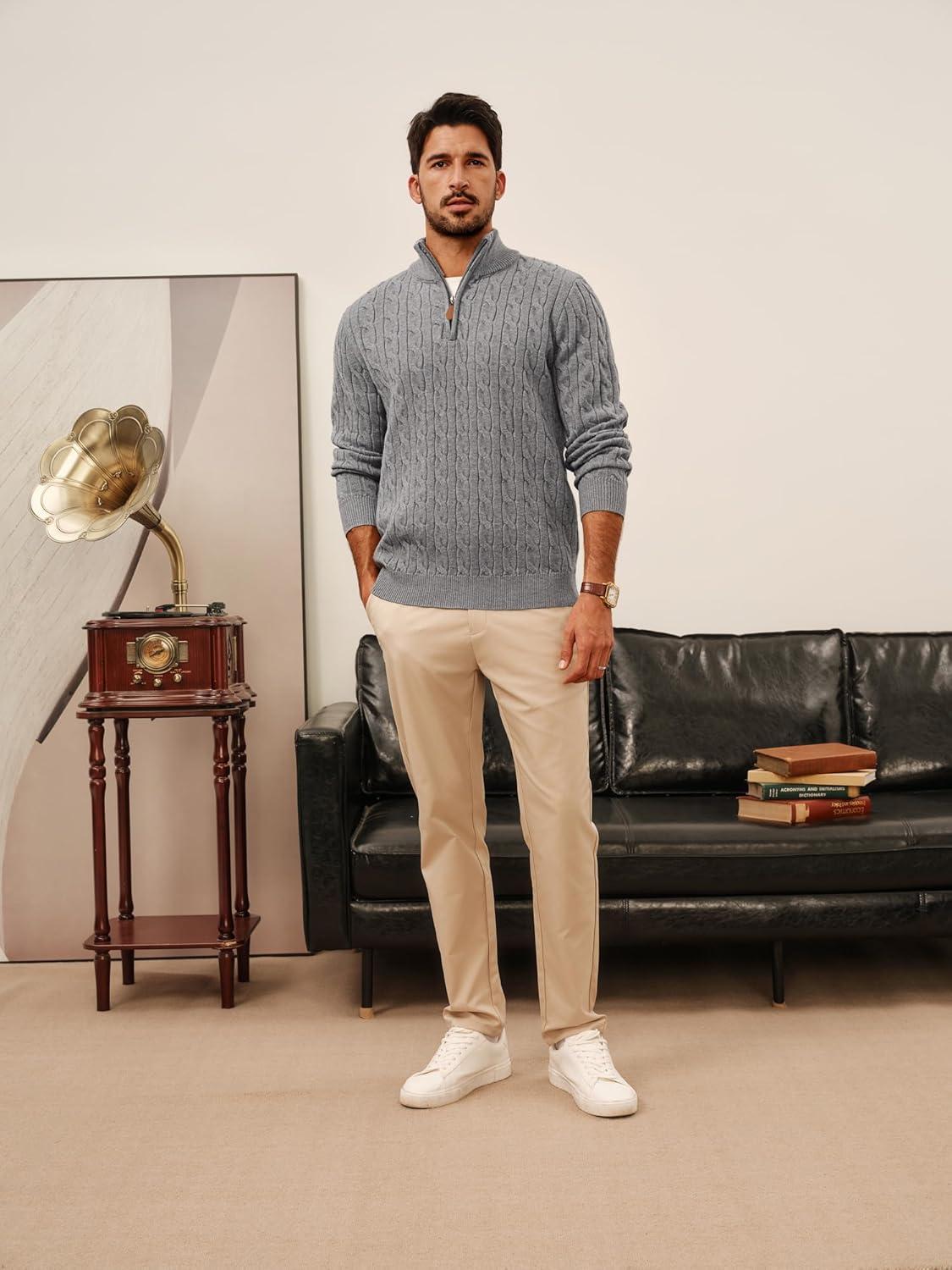 imagePJ PAUL JONES Mens Quarter Zip Sweater Cable Knitted Pullover Sweaters Textured Solid Colors SweaterGray