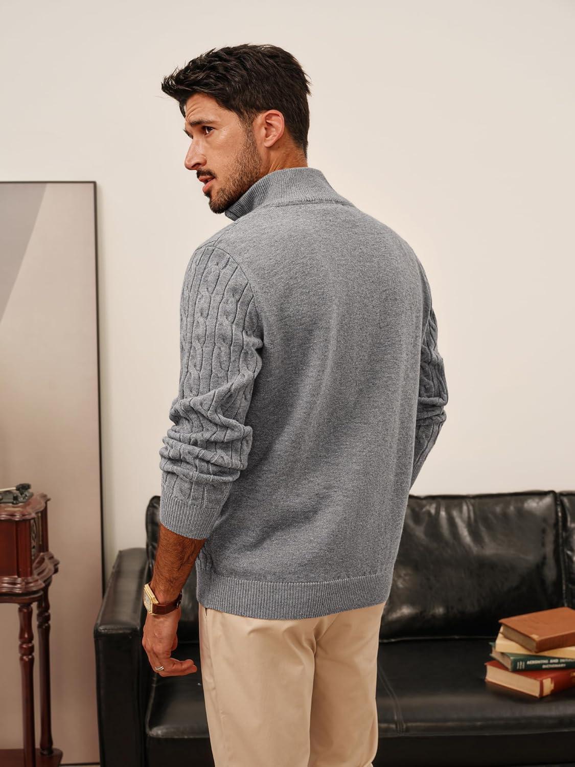 imagePJ PAUL JONES Mens Quarter Zip Sweater Cable Knitted Pullover Sweaters Textured Solid Colors SweaterGray