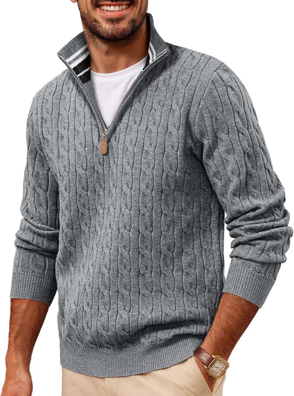 imagePJ PAUL JONES Mens Quarter Zip Sweater Cable Knitted Pullover Sweaters Textured Solid Colors SweaterGray