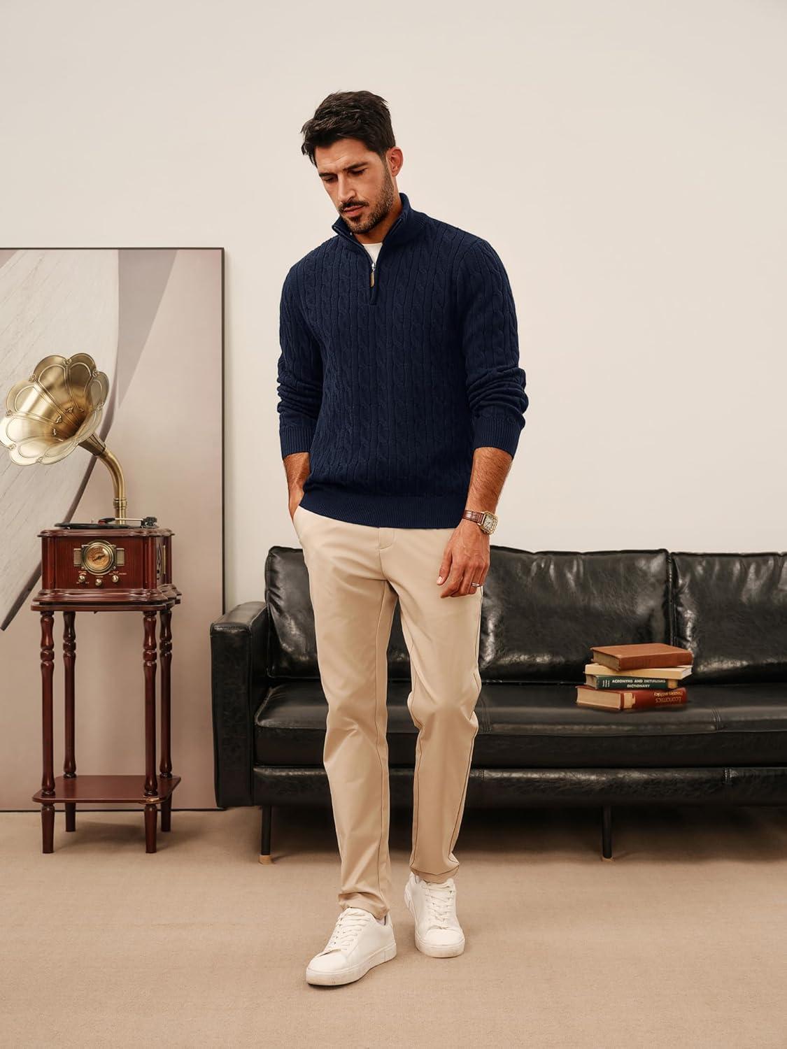 imagePJ PAUL JONES Mens Quarter Zip Sweater Cable Knitted Pullover Sweaters Textured Solid Colors SweaterNavy Blue