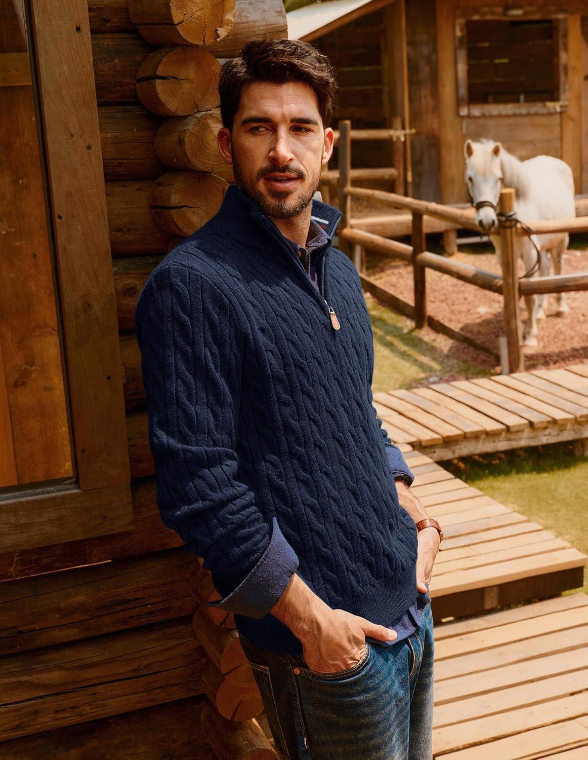 imagePJ PAUL JONES Mens Quarter Zip Sweater Cable Knitted Pullover Sweaters Textured Solid Colors SweaterNavy Blue