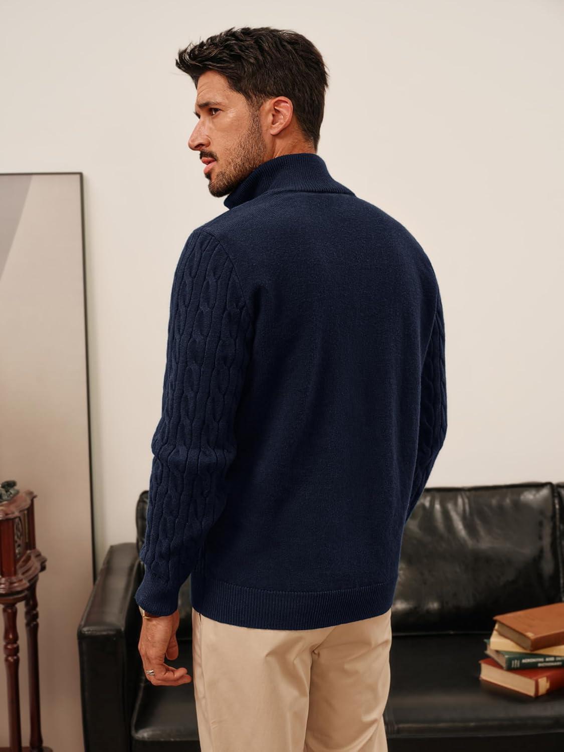 imagePJ PAUL JONES Mens Quarter Zip Sweater Cable Knitted Pullover Sweaters Textured Solid Colors SweaterNavy Blue