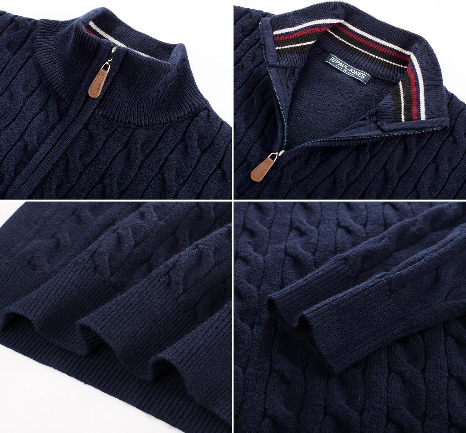 imagePJ PAUL JONES Mens Quarter Zip Sweater Cable Knitted Pullover Sweaters Textured Solid Colors SweaterNavy Blue