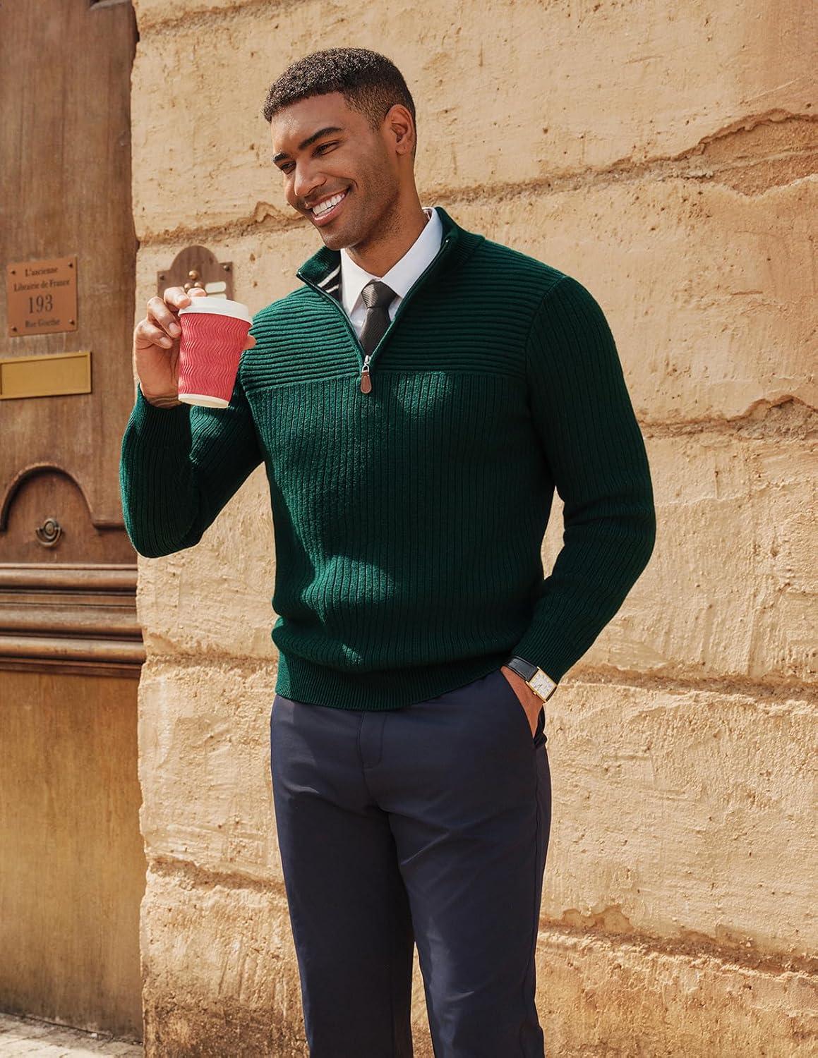 imagePJ PAUL JONES Mens Quarter Zip Sweater Long Sleeve Casual Pullover Knitted Textured Dress SweatersDark Green