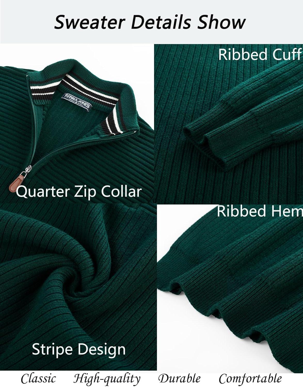 imagePJ PAUL JONES Mens Quarter Zip Sweater Long Sleeve Casual Pullover Knitted Textured Dress SweatersDark Green