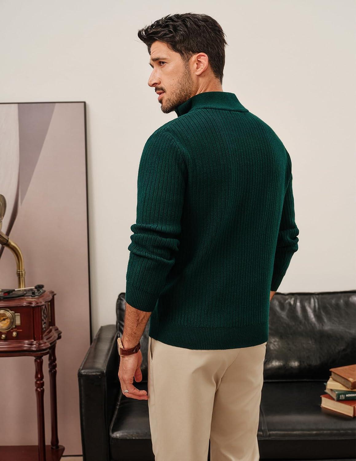 imagePJ PAUL JONES Mens Quarter Zip Sweater Long Sleeve Casual Pullover Knitted Textured Dress SweatersDark Green