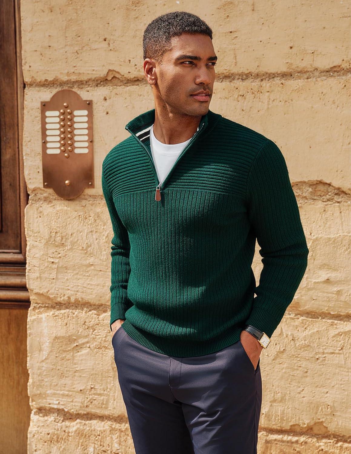 imagePJ PAUL JONES Mens Quarter Zip Sweater Long Sleeve Casual Pullover Knitted Textured Dress SweatersDark Green