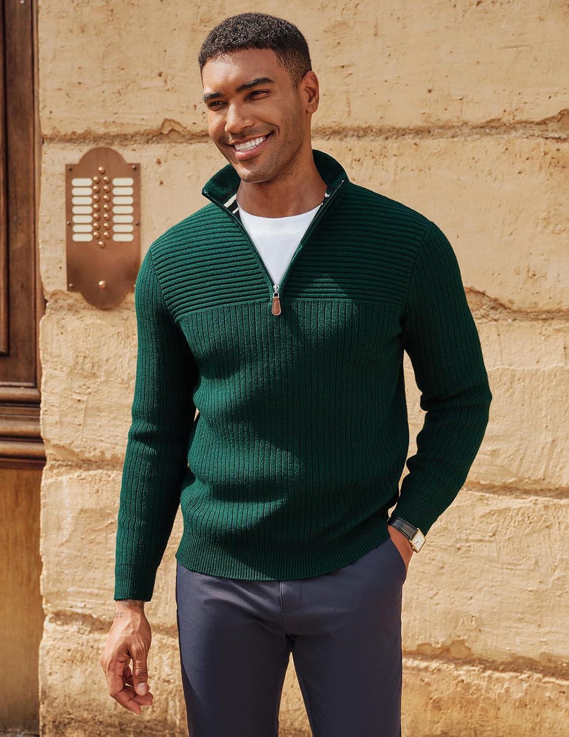 imagePJ PAUL JONES Mens Quarter Zip Sweater Long Sleeve Casual Pullover Knitted Textured Dress SweatersDark Green