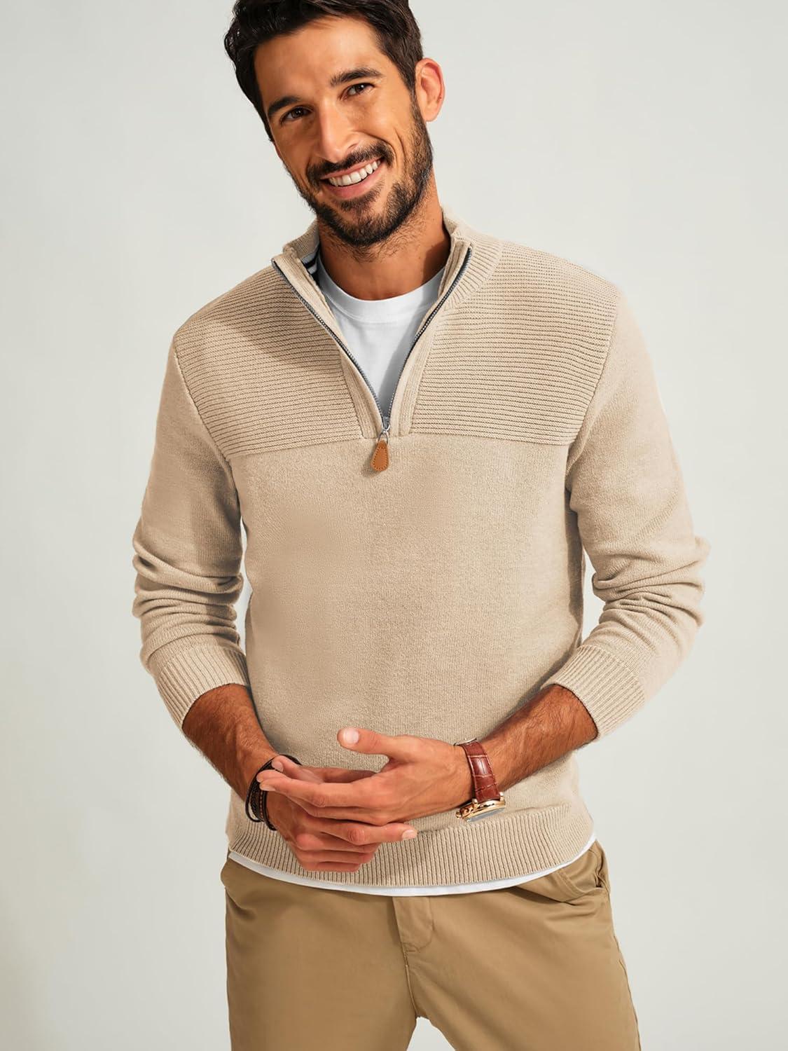 imagePJ PAUL JONES Mens Quarter Zip Sweater Slim Fit Casual Pullover Sweater Mock Neck Polo SweatersApricot