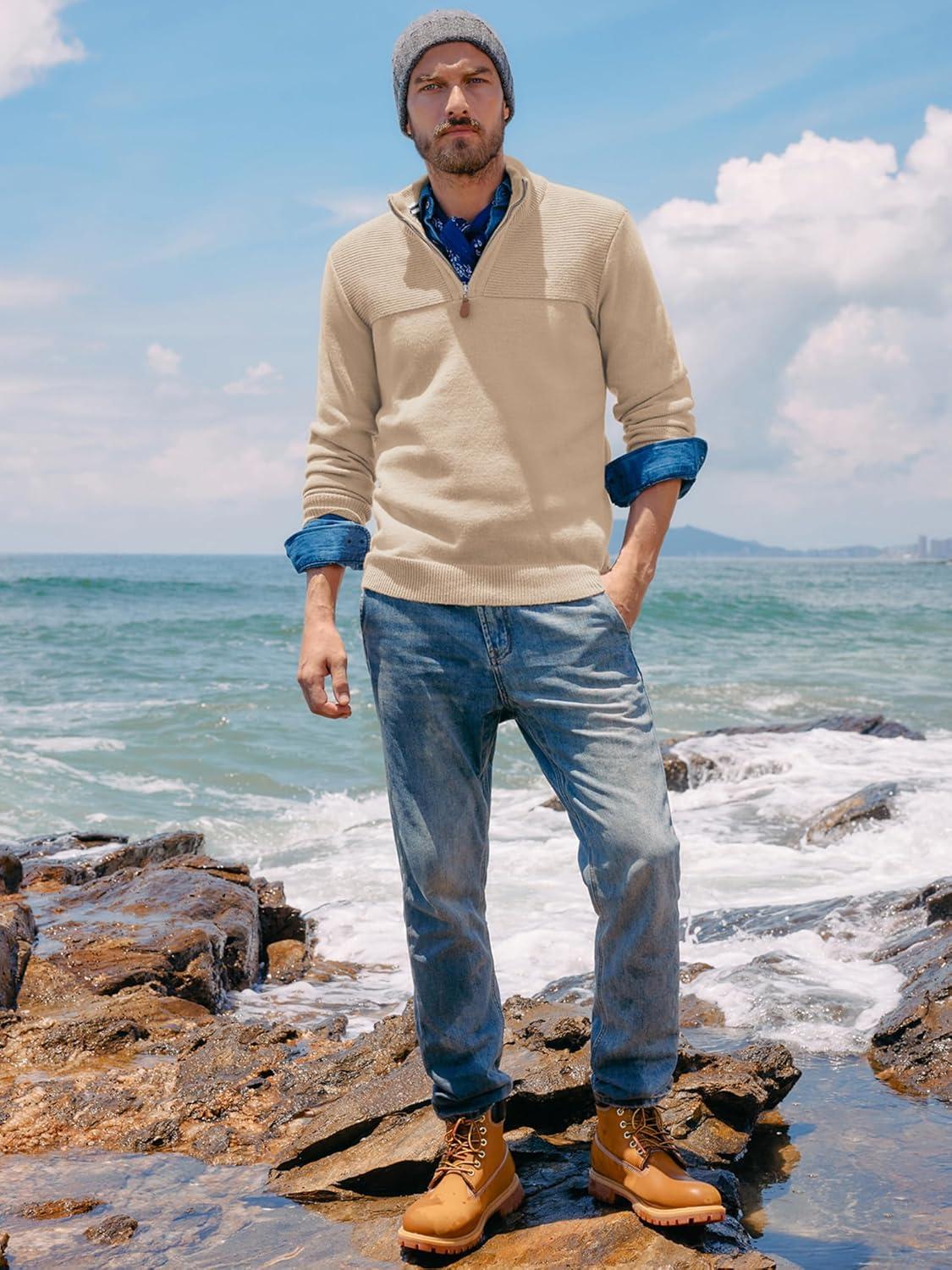 imagePJ PAUL JONES Mens Quarter Zip Sweater Slim Fit Casual Pullover Sweater Mock Neck Polo SweatersApricot