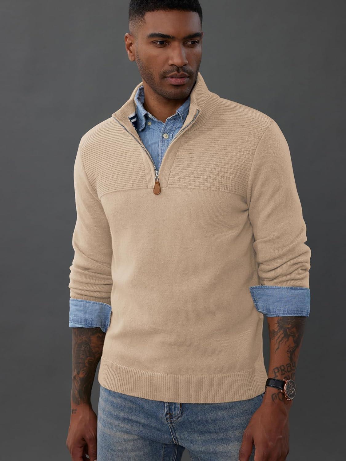 imagePJ PAUL JONES Mens Quarter Zip Sweater Slim Fit Casual Pullover Sweater Mock Neck Polo SweatersApricot