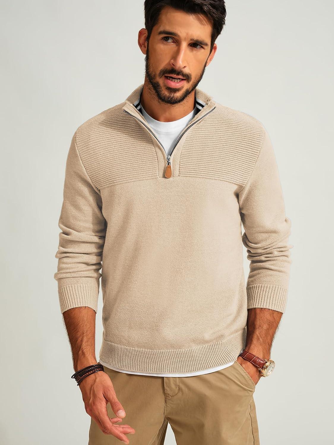 imagePJ PAUL JONES Mens Quarter Zip Sweater Slim Fit Casual Pullover Sweater Mock Neck Polo SweatersApricot