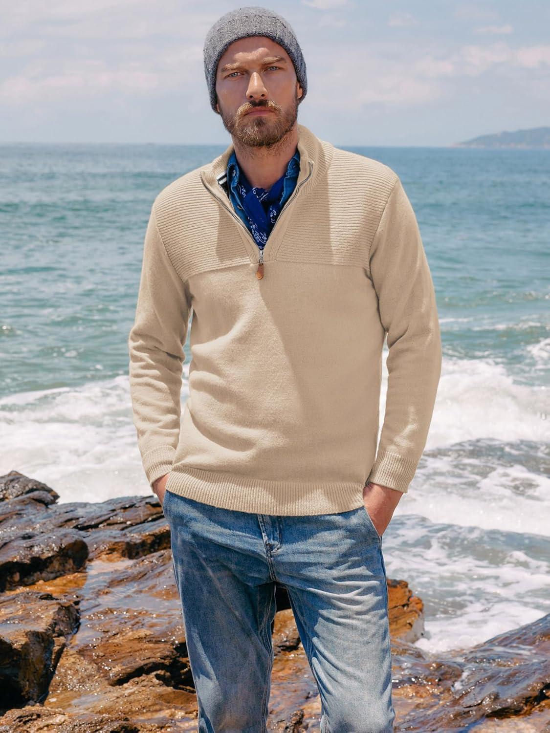 imagePJ PAUL JONES Mens Quarter Zip Sweater Slim Fit Casual Pullover Sweater Mock Neck Polo SweatersApricot