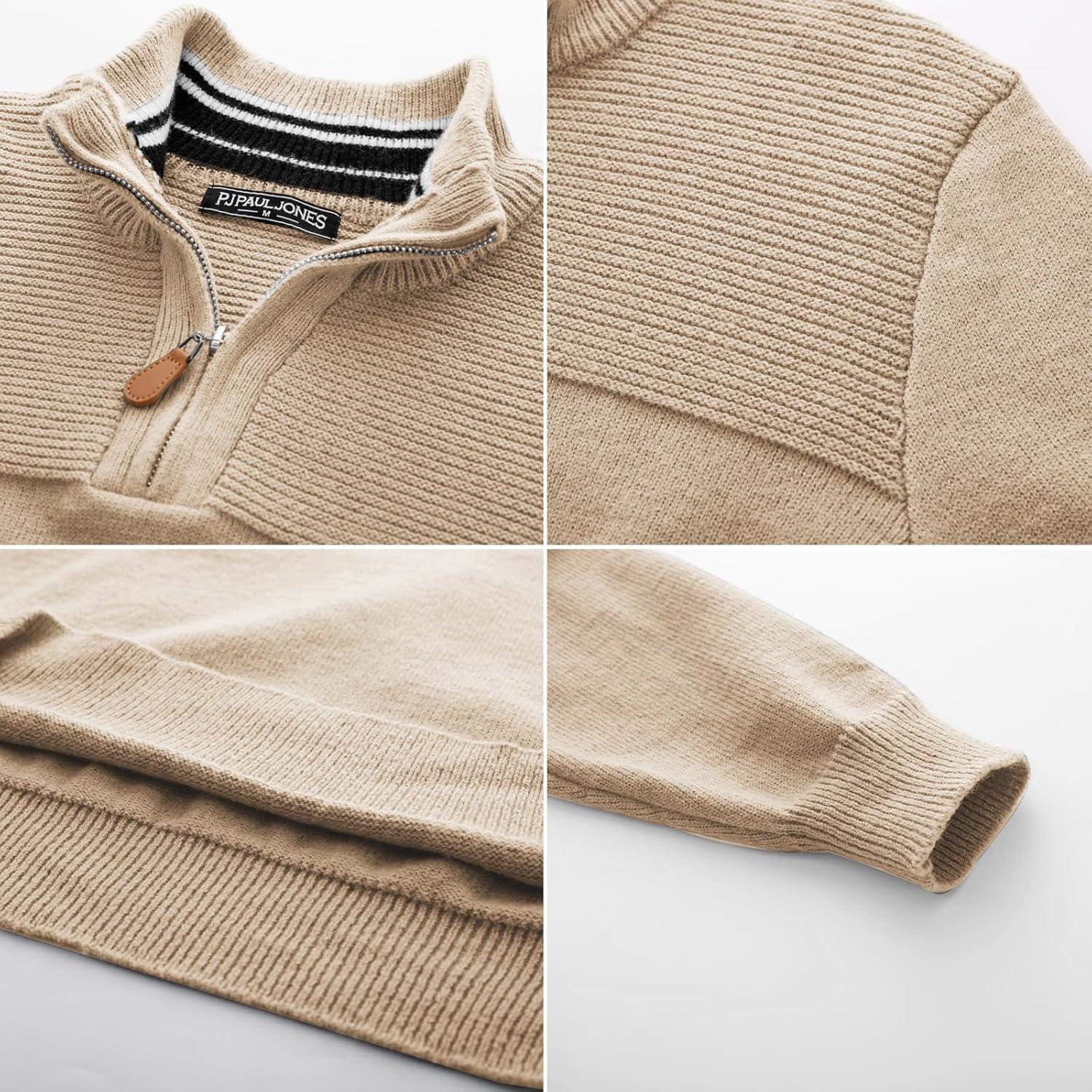 imagePJ PAUL JONES Mens Quarter Zip Sweater Slim Fit Casual Pullover Sweater Mock Neck Polo SweatersApricot