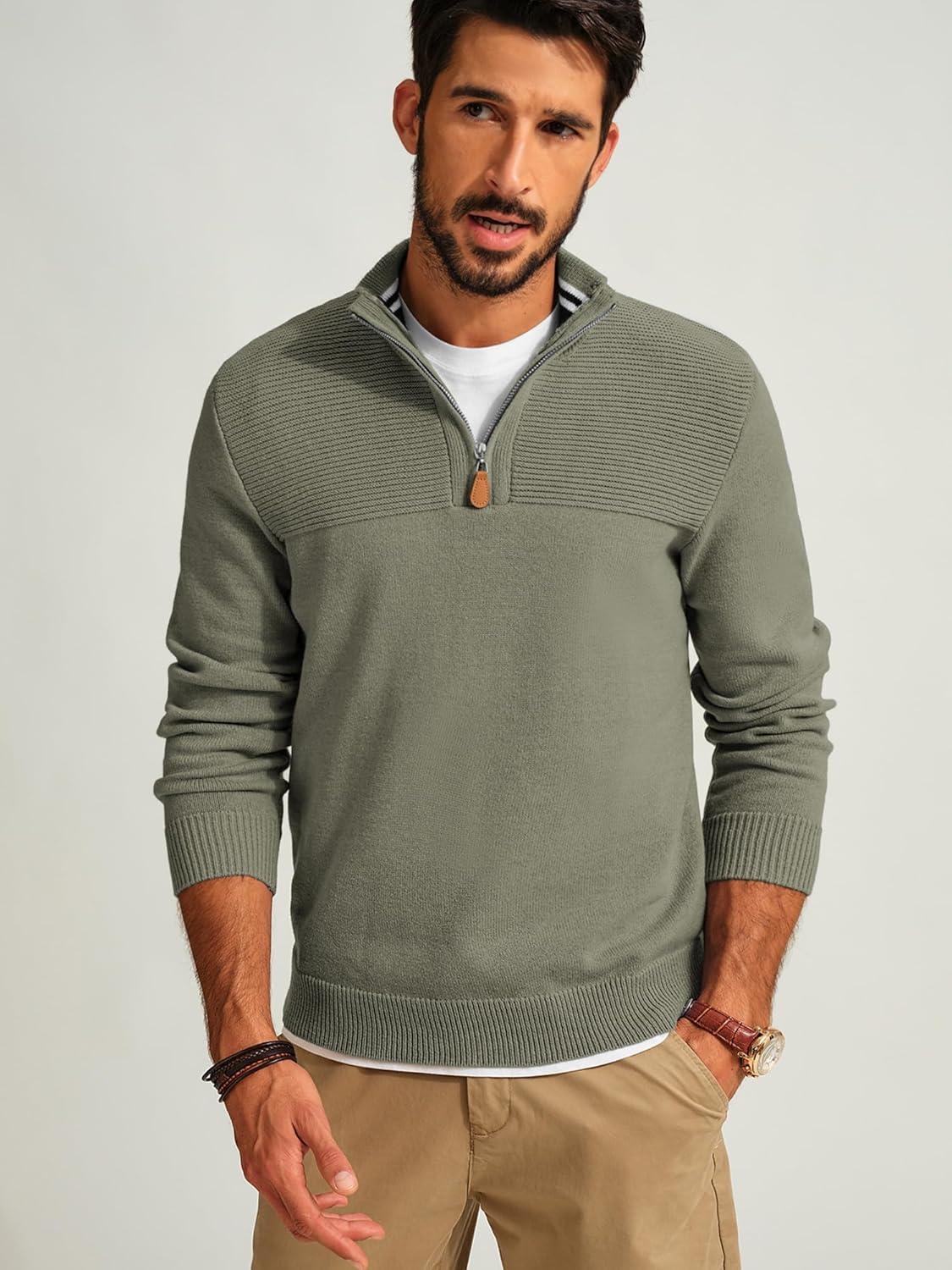 imagePJ PAUL JONES Mens Quarter Zip Sweater Slim Fit Casual Pullover Sweater Mock Neck Polo SweatersArmy Green