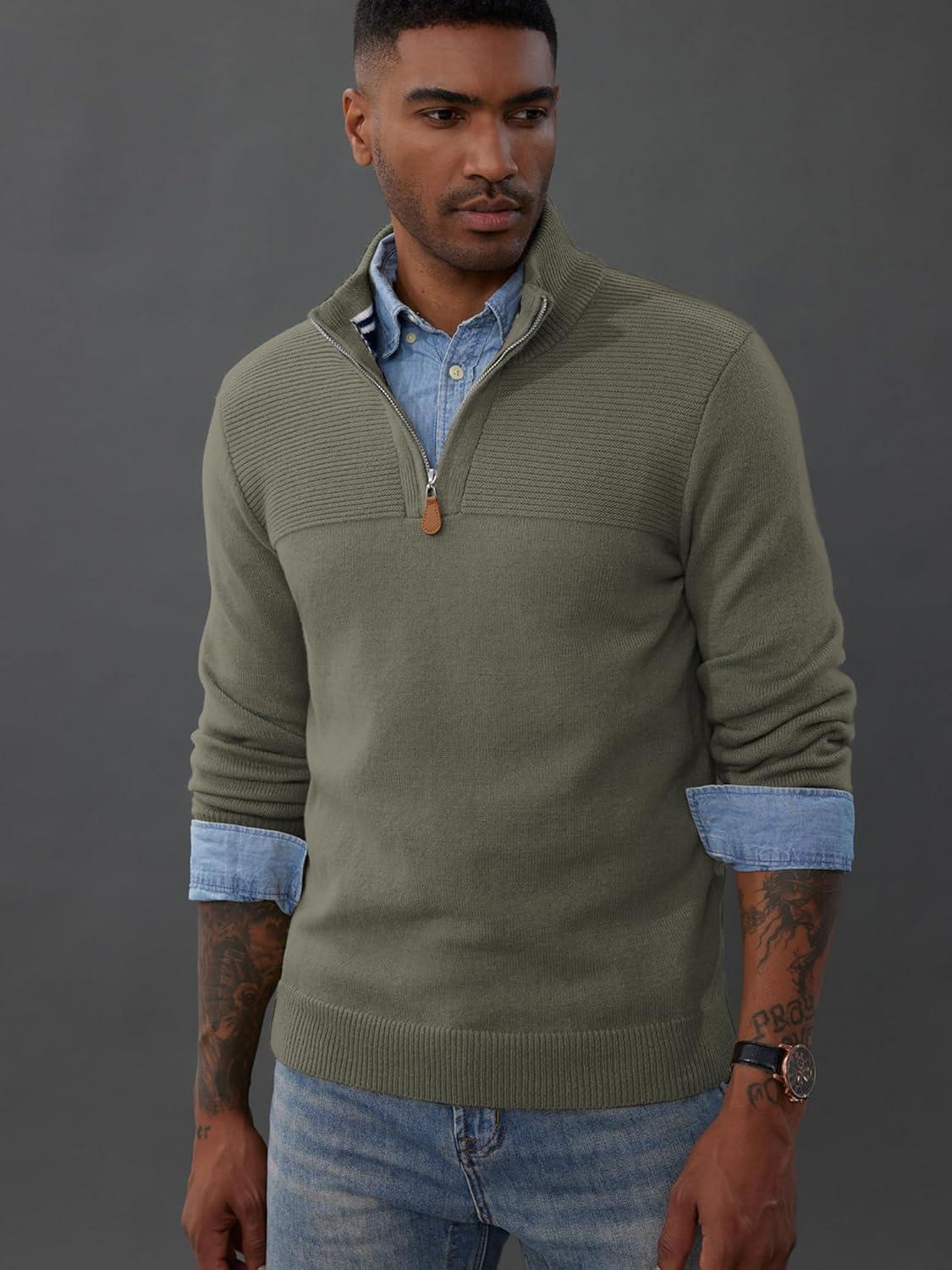 imagePJ PAUL JONES Mens Quarter Zip Sweater Slim Fit Casual Pullover Sweater Mock Neck Polo SweatersArmy Green