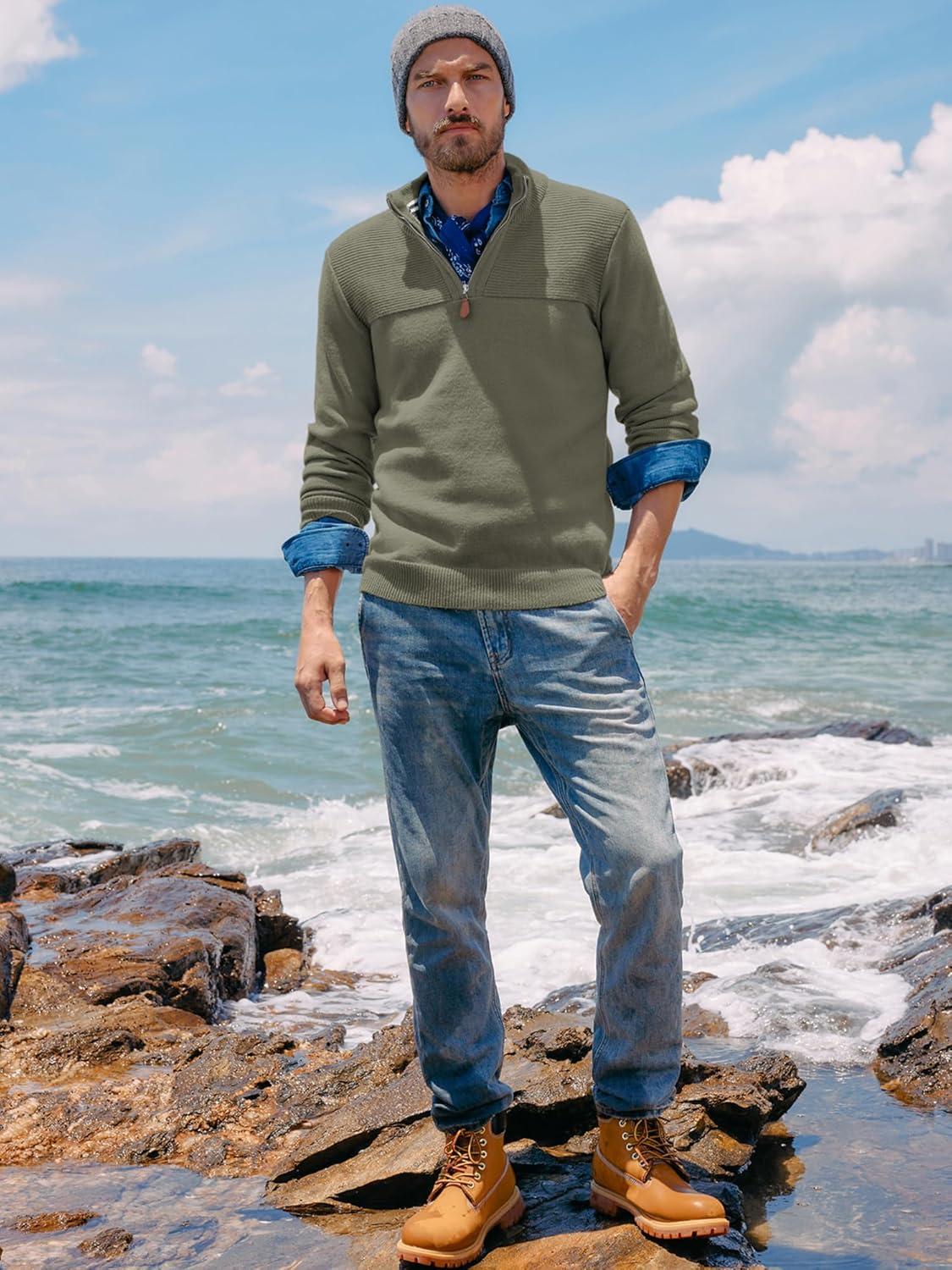 imagePJ PAUL JONES Mens Quarter Zip Sweater Slim Fit Casual Pullover Sweater Mock Neck Polo SweatersArmy Green